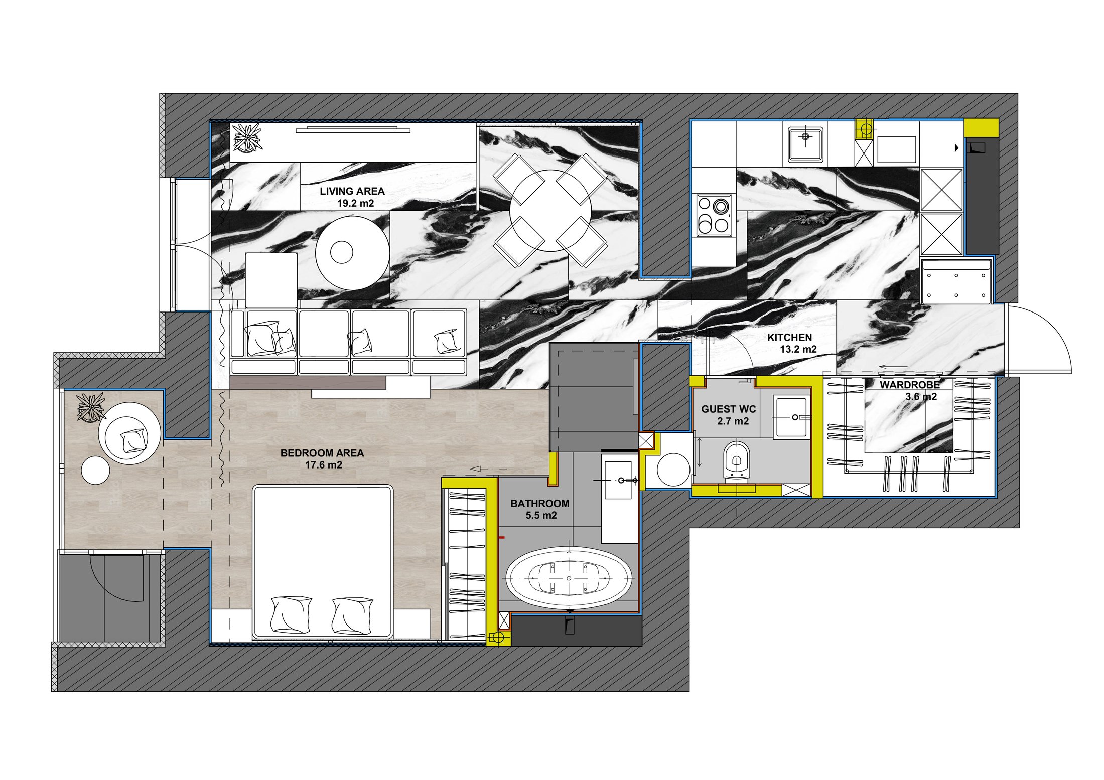 Floor plan of the studio apartment, showing the black and white marble pattern flooring.