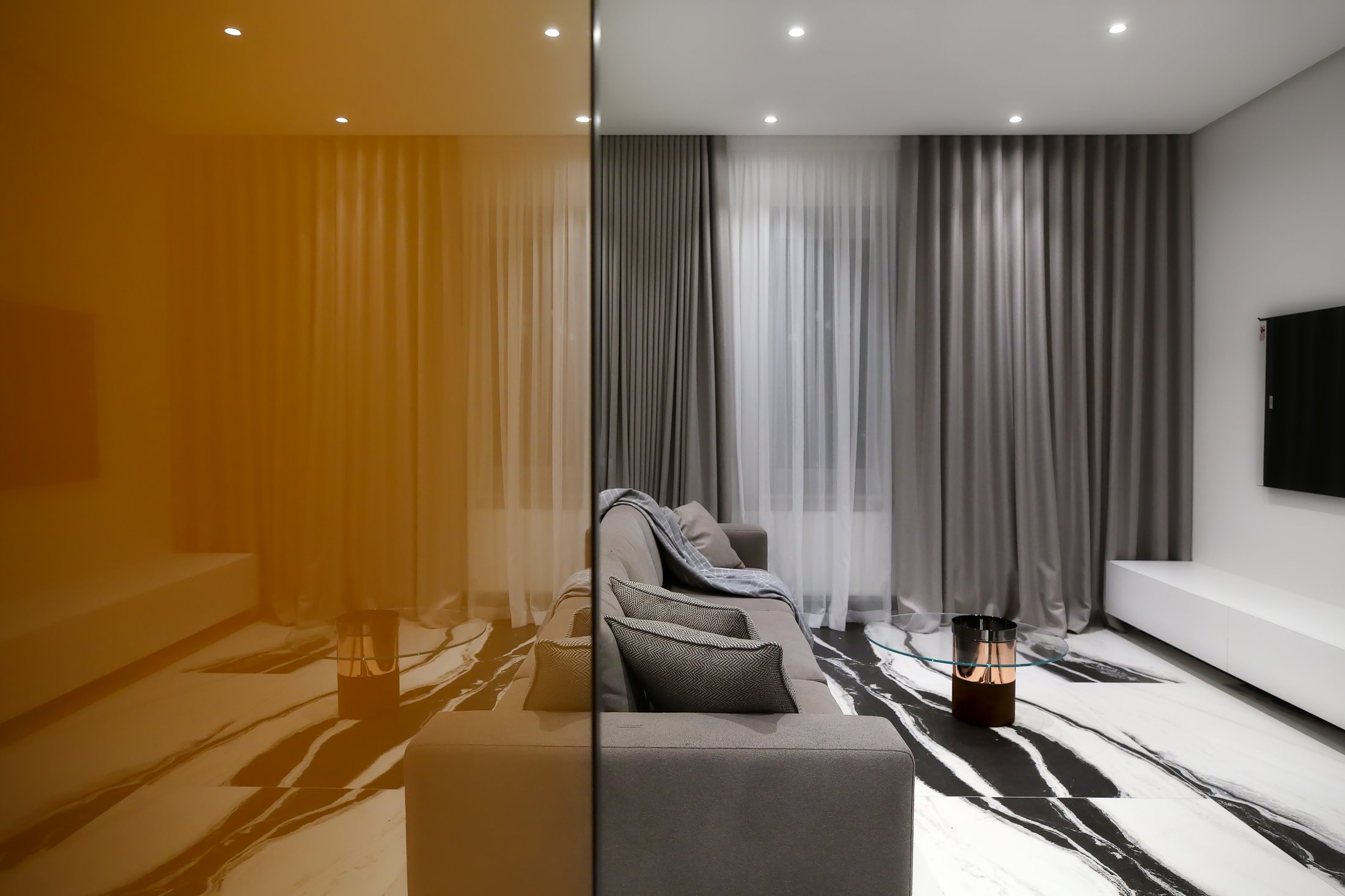 Living room shown in two lighting scenarios, side by side.