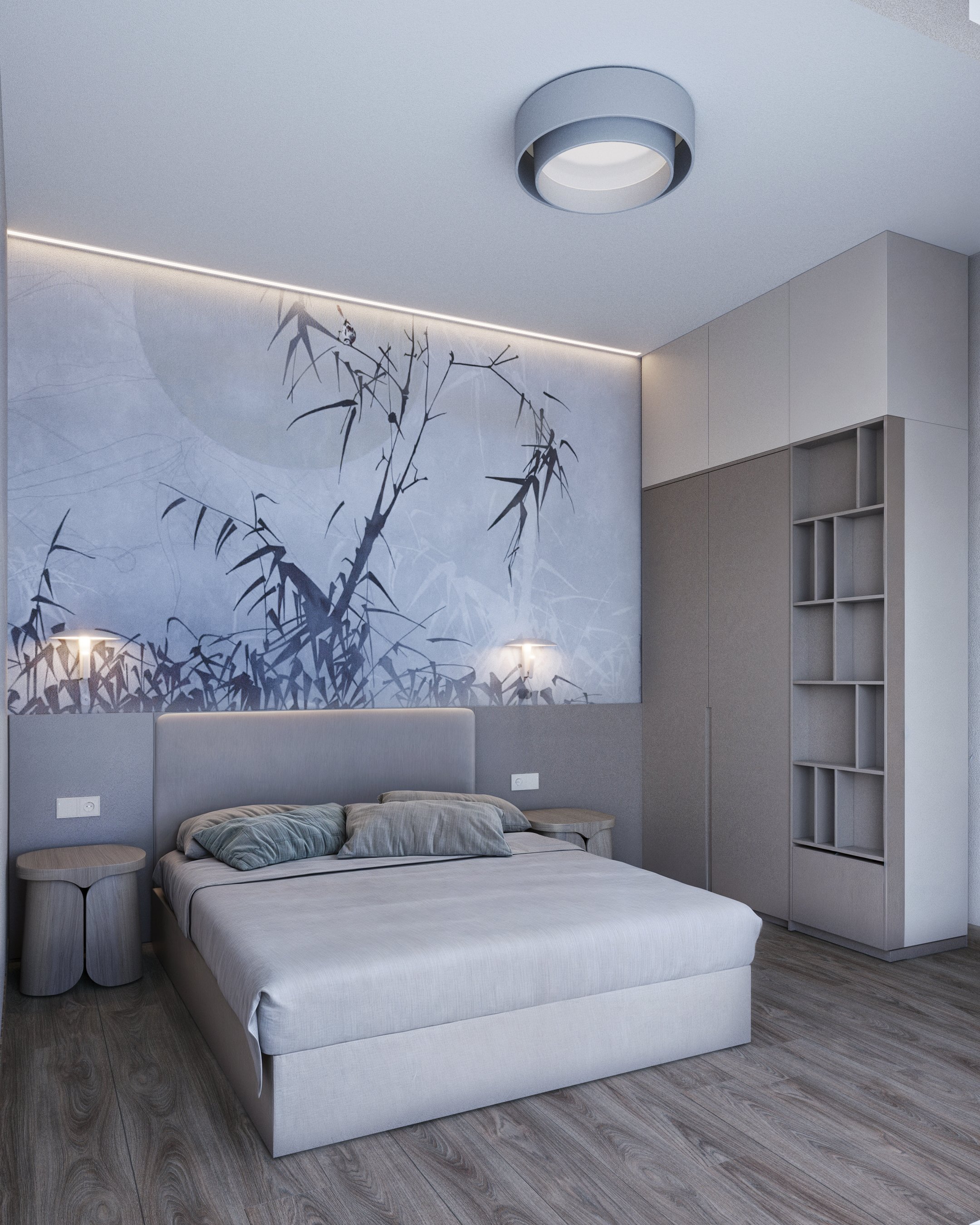 Bedroom with a decorative wall mural above the headboard.