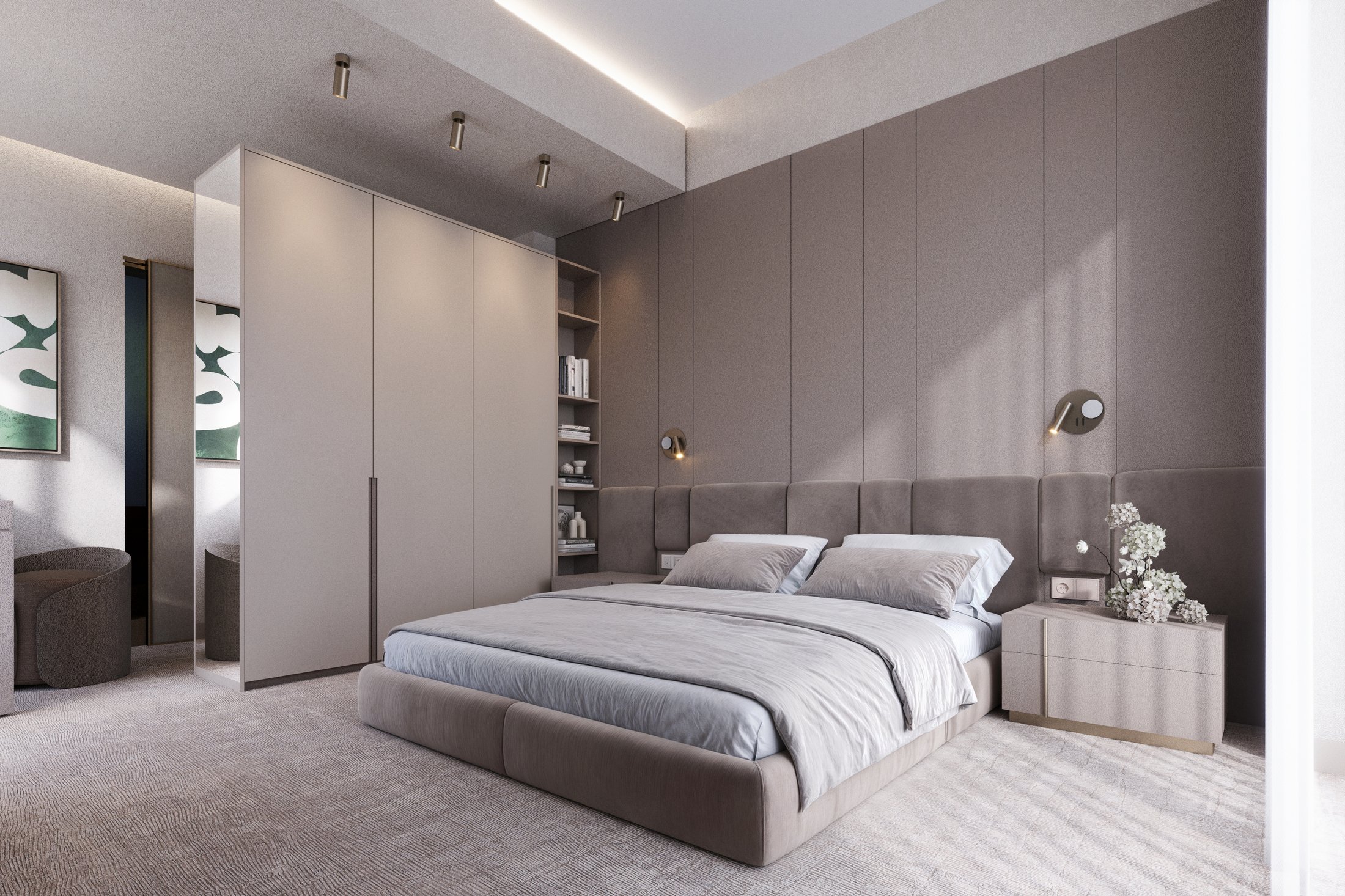 Bedroom with a full timber panelled headboard wall.