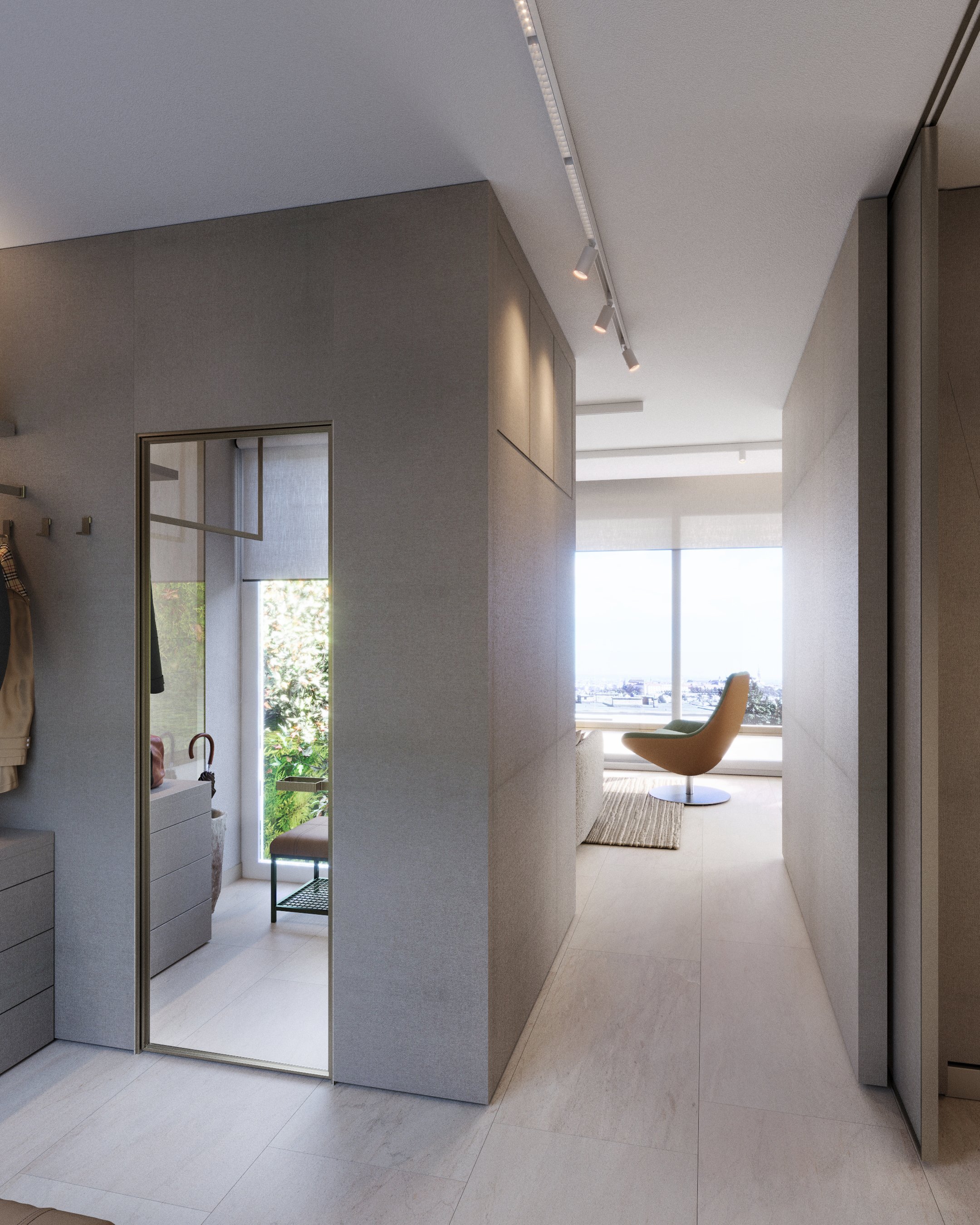 Glazed corridor connecting living spaces.