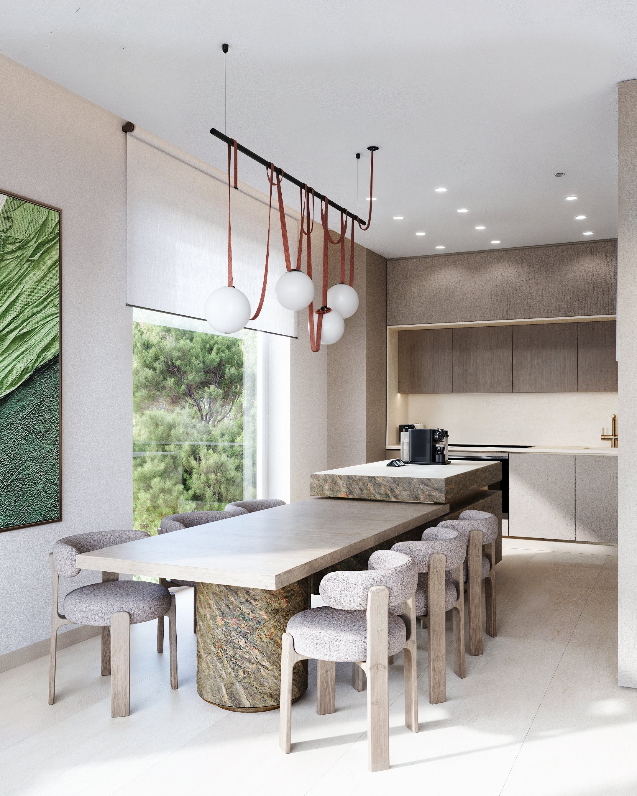 Dining area with pendant lighting and views to greenery.