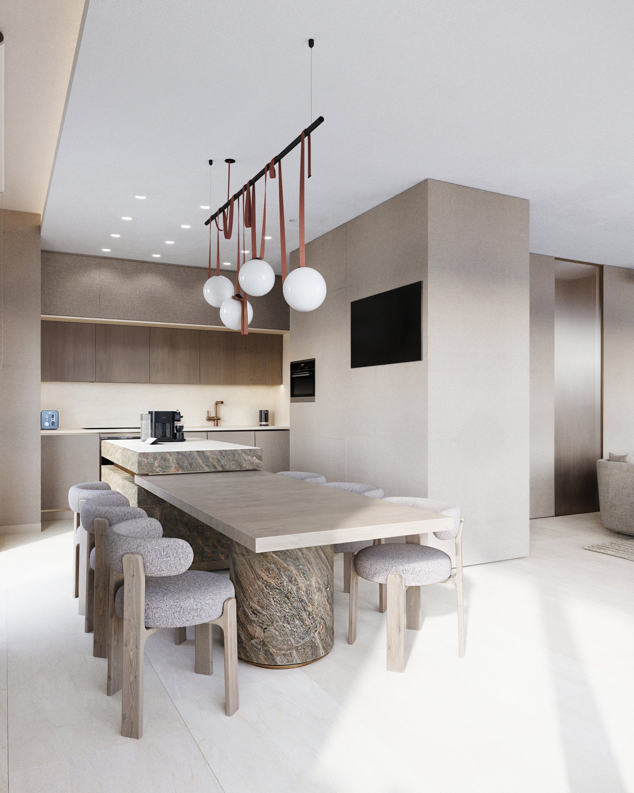 Kitchen and dining area, alternate angle with pendant lighting.