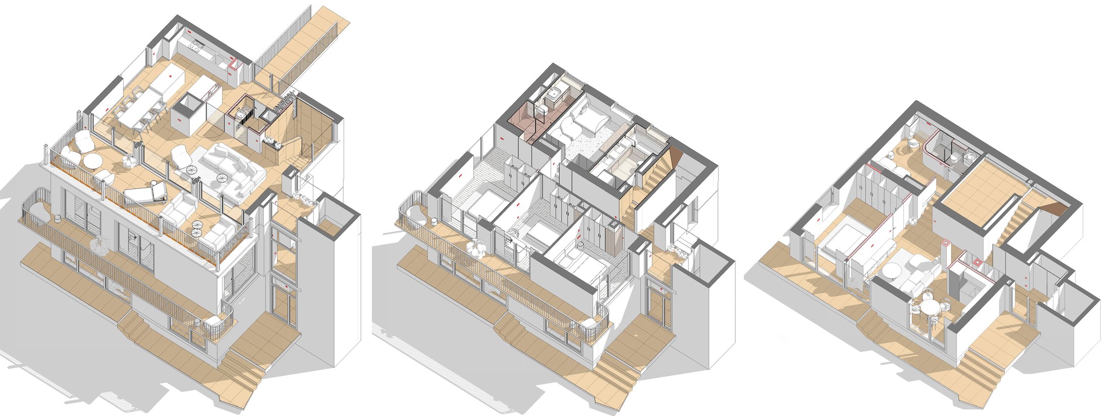 Axonometric floor plan drawings of the villa's three levels.