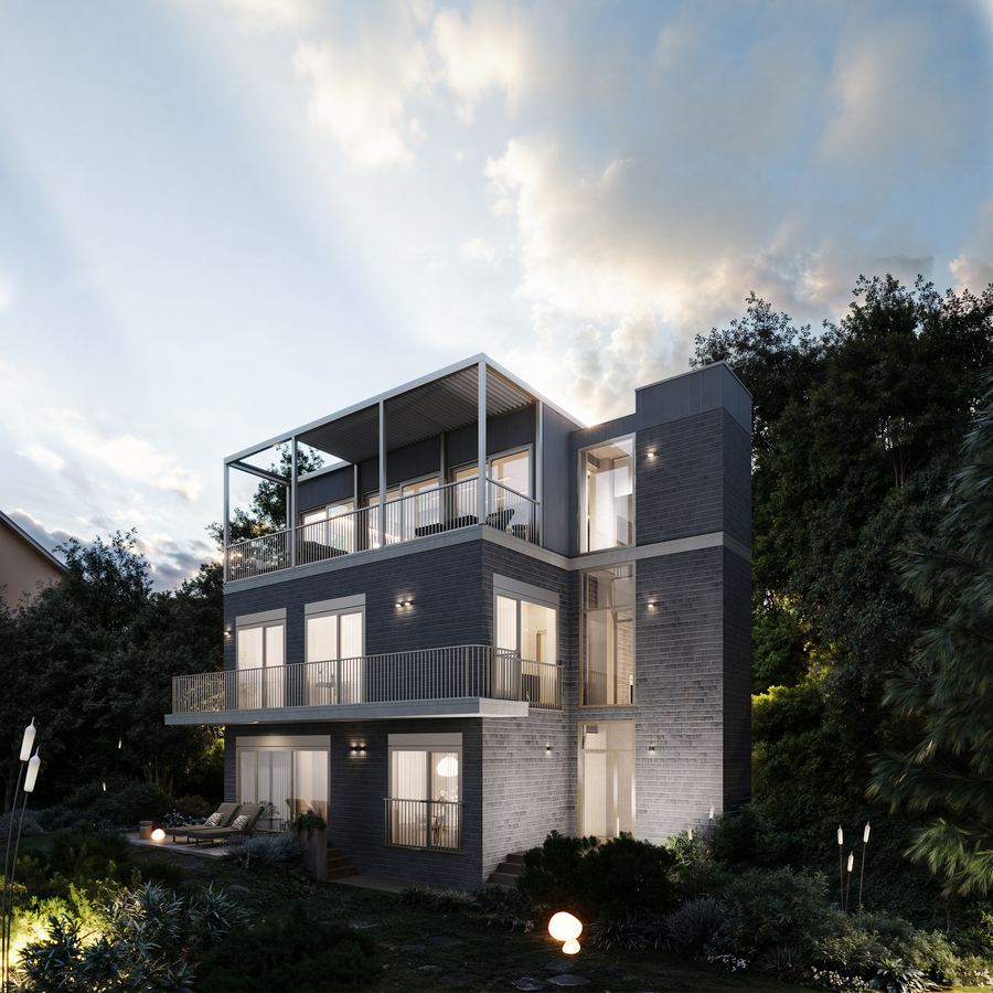 Dusk exterior render of a renovated villa in Budapest with a circular window and glazed ground floor.