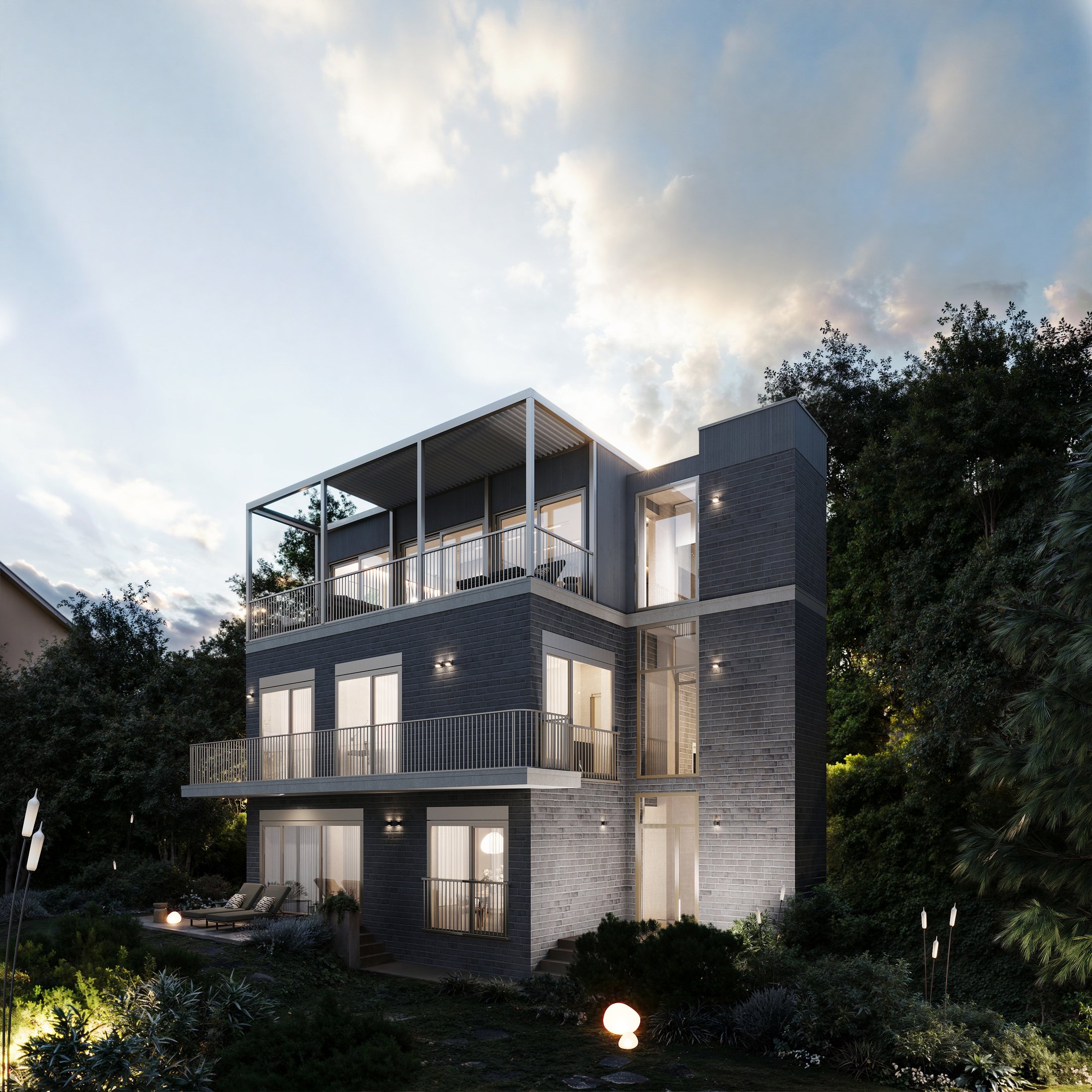 Dusk exterior render of a renovated villa in Budapest with a circular window and glazed ground floor.