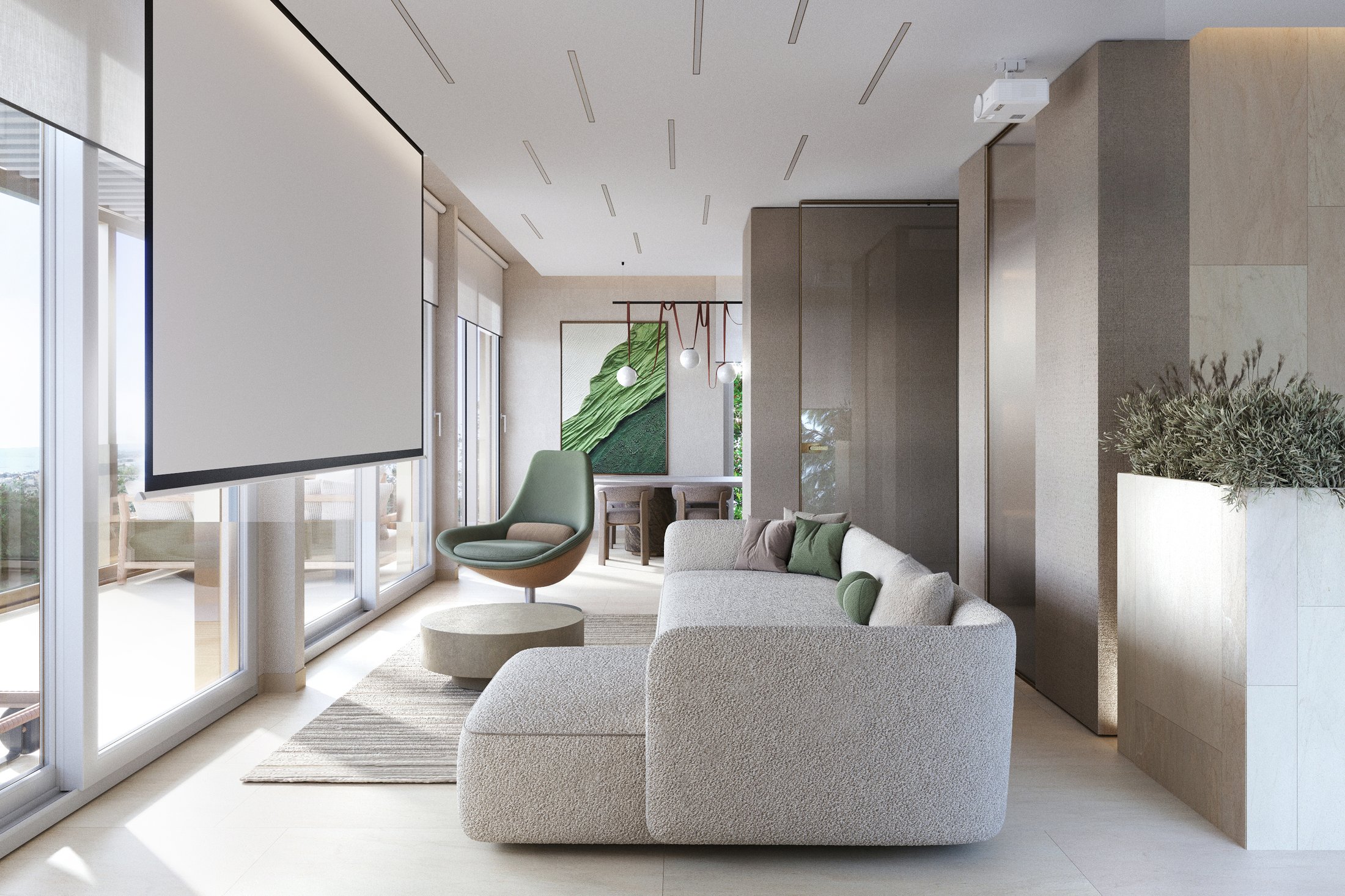 Living room seating area with floor to ceiling glazing.