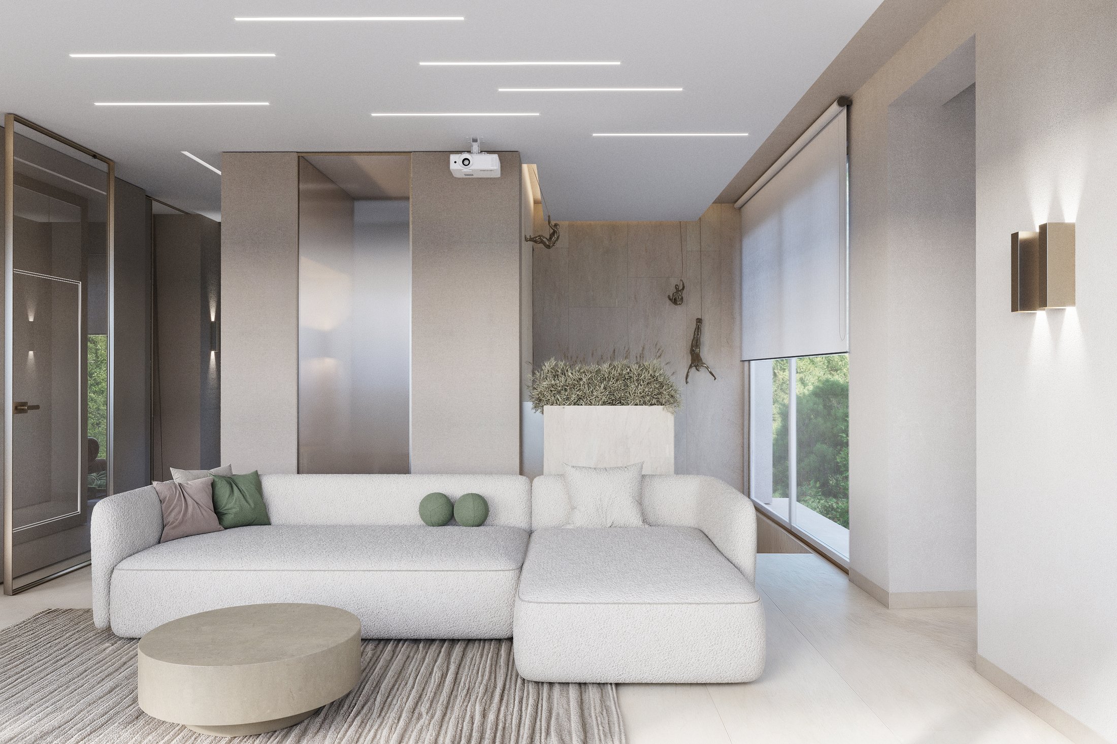 Living room with a sculptural floor lamp and city views.