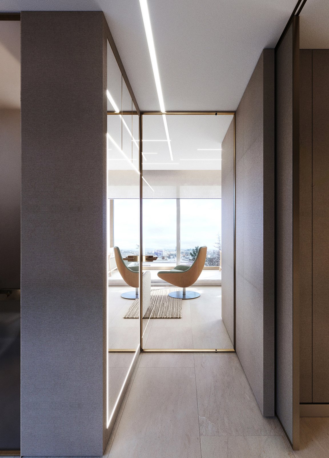 Corridor opening onto a lounge with panoramic views over Budapest.