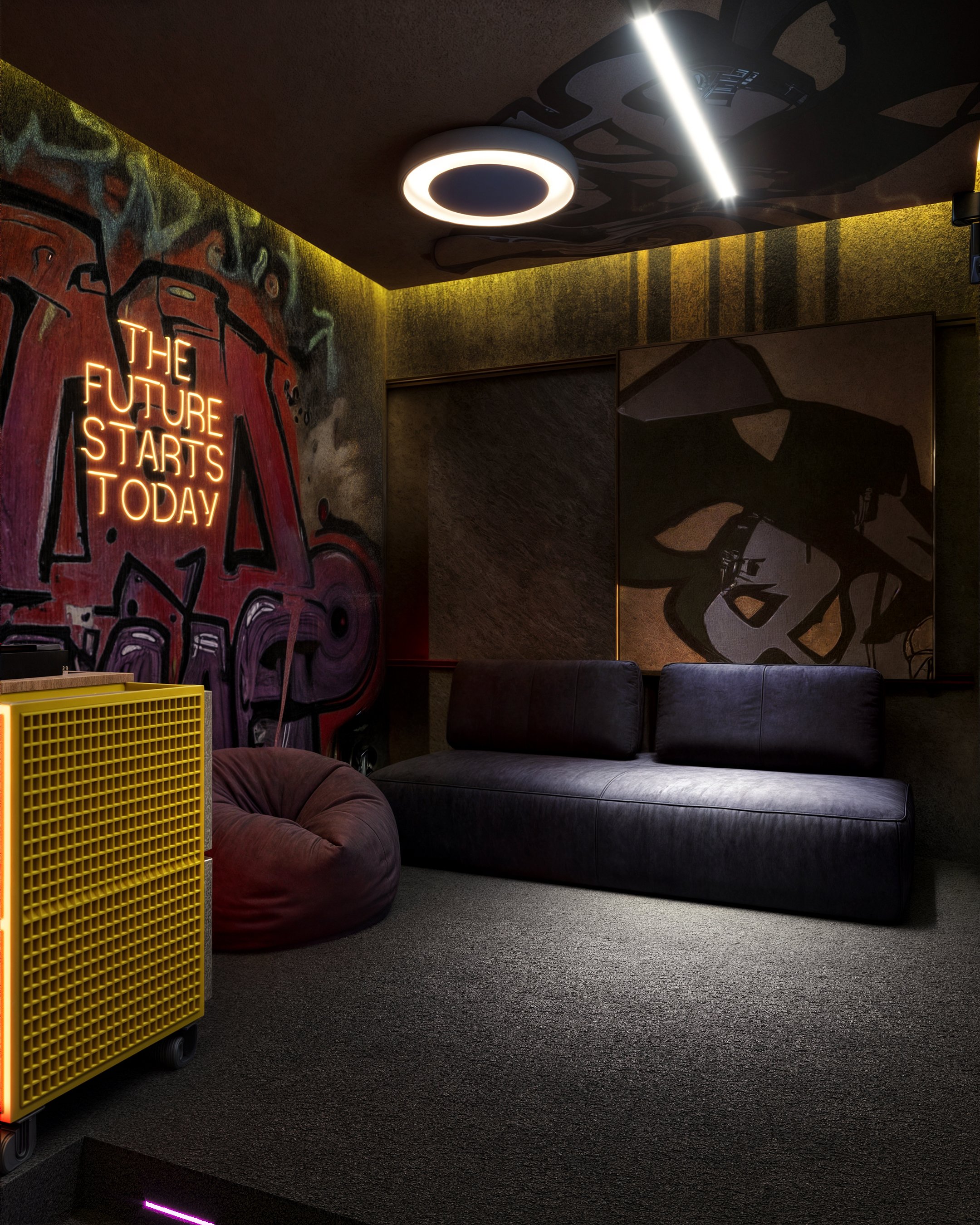 Children's playroom with a graffiti style mural and ambient lighting.