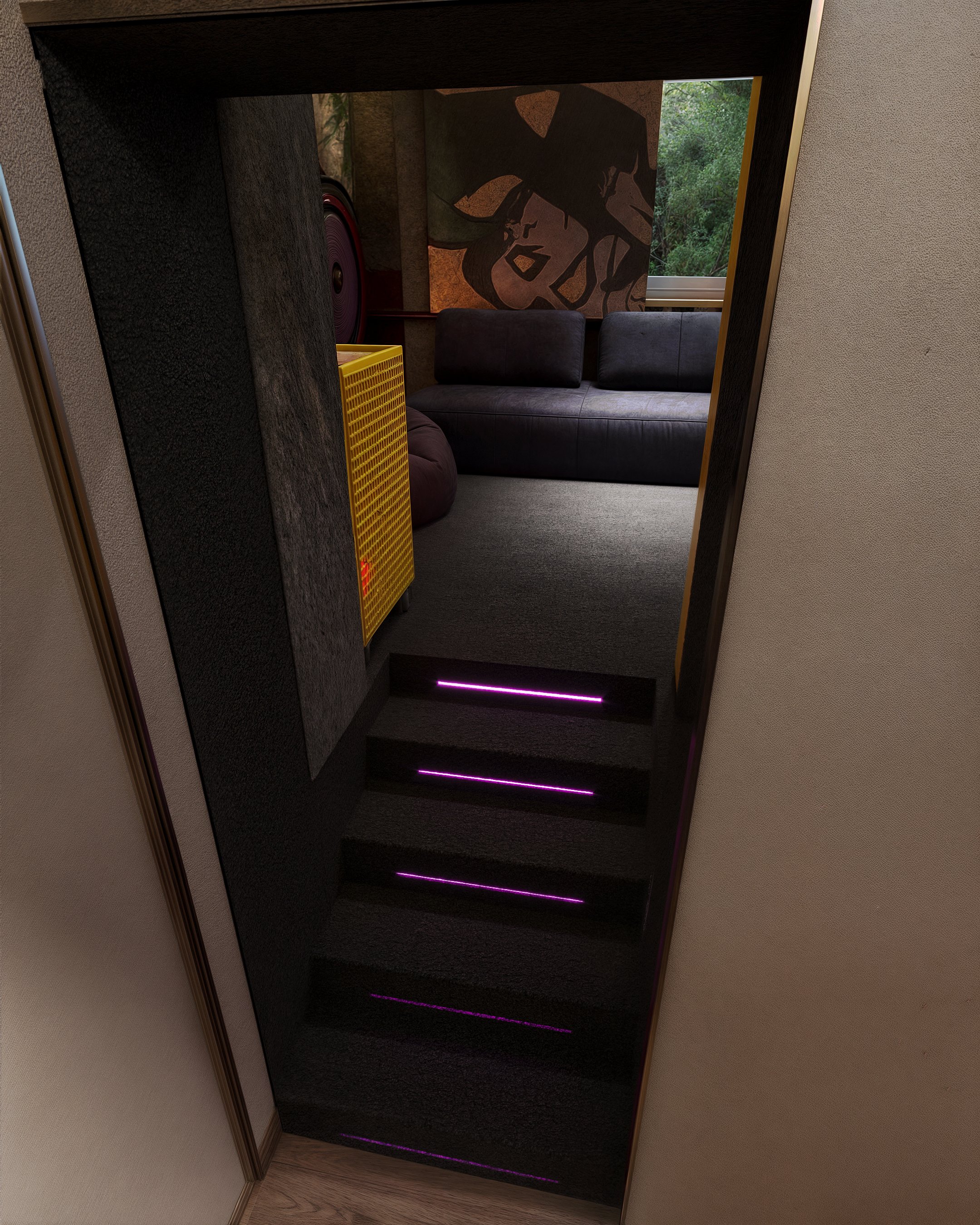 Children's playroom beneath the stairs with coloured lighting.