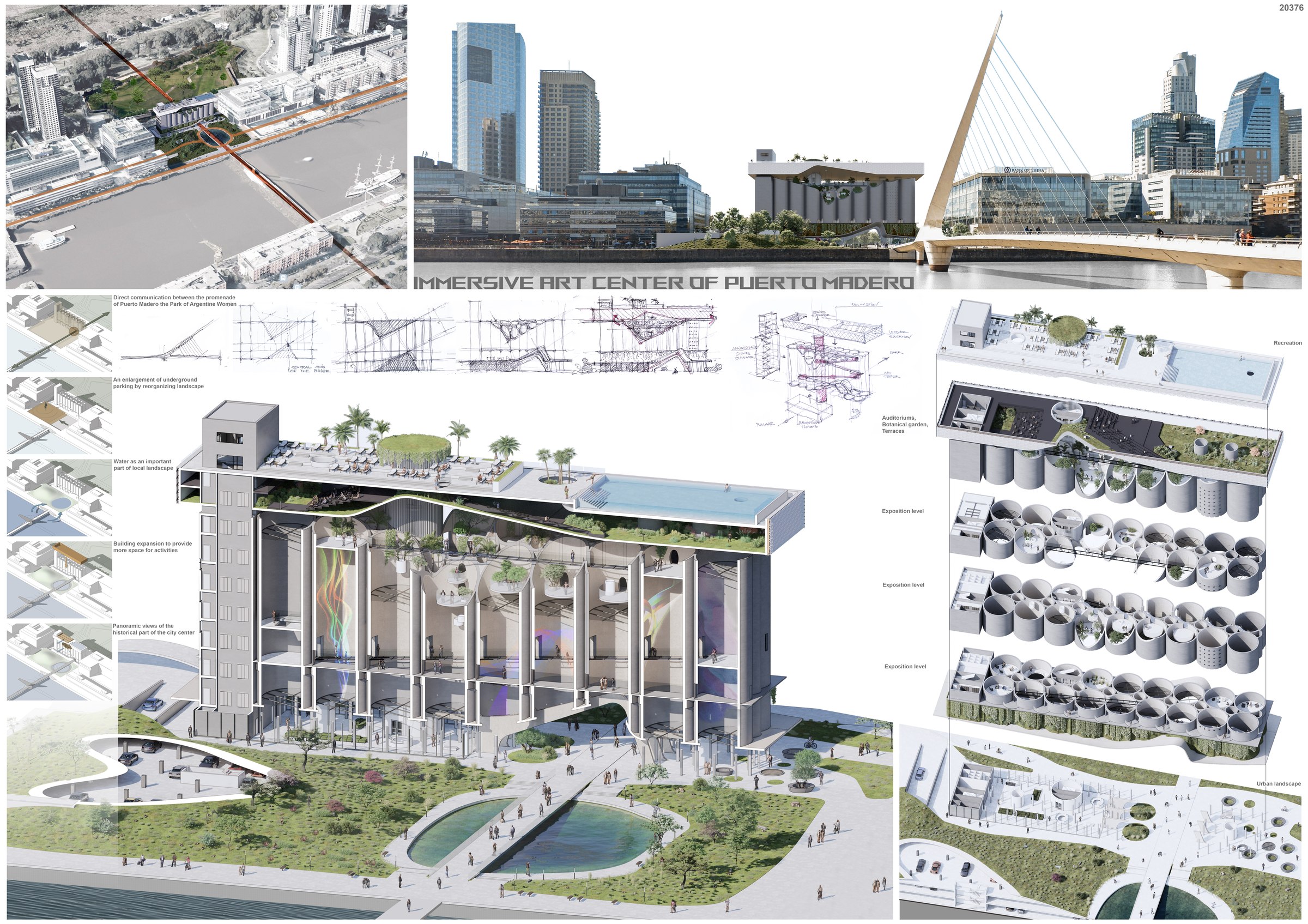 Full competition presentation board for the Immersive Art Center of Puerto Madero, including skyline render, concept sketches and plans.