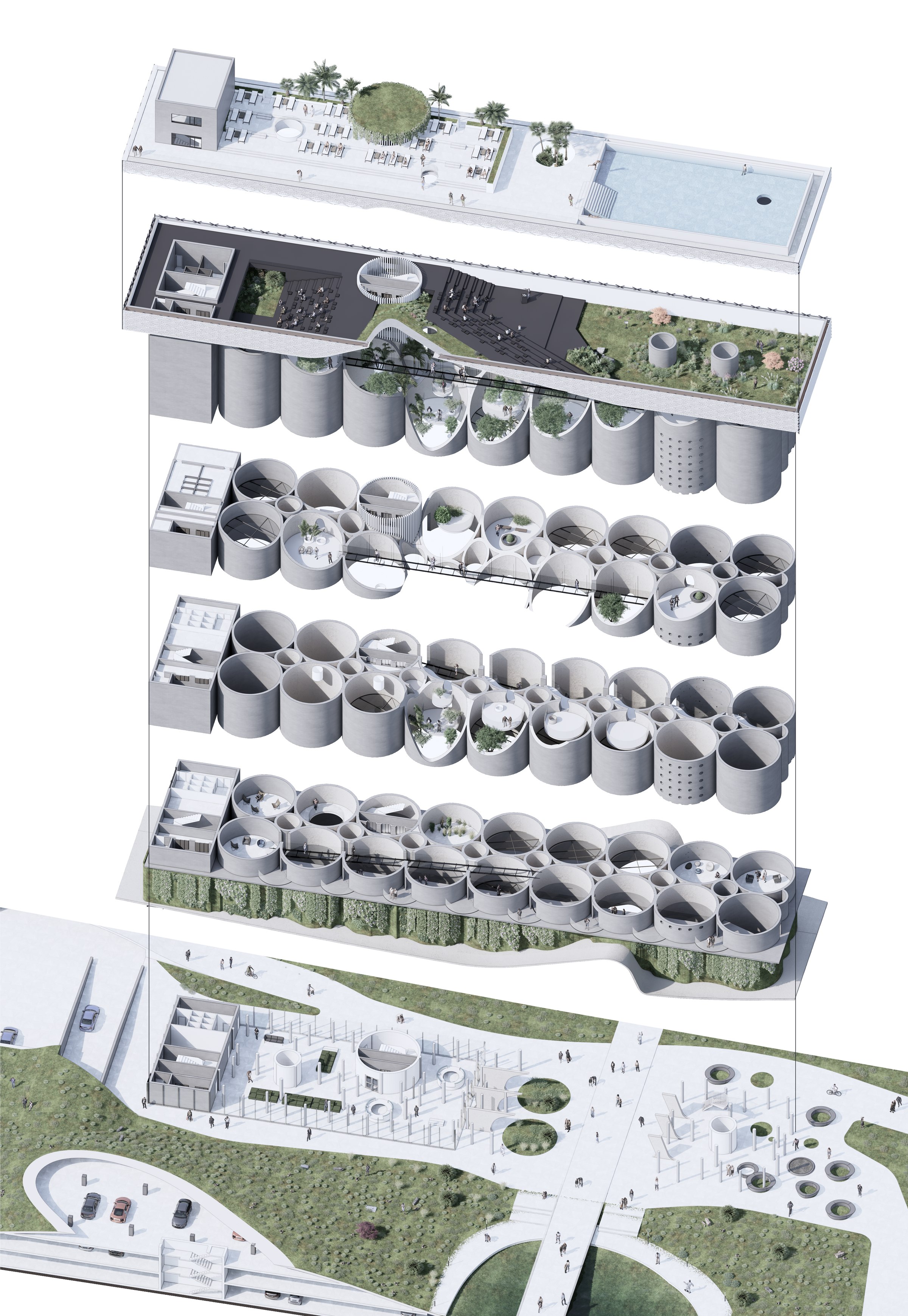 Exploded axonometric drawing showing the silo's exhibition levels, roof garden and underground parking.