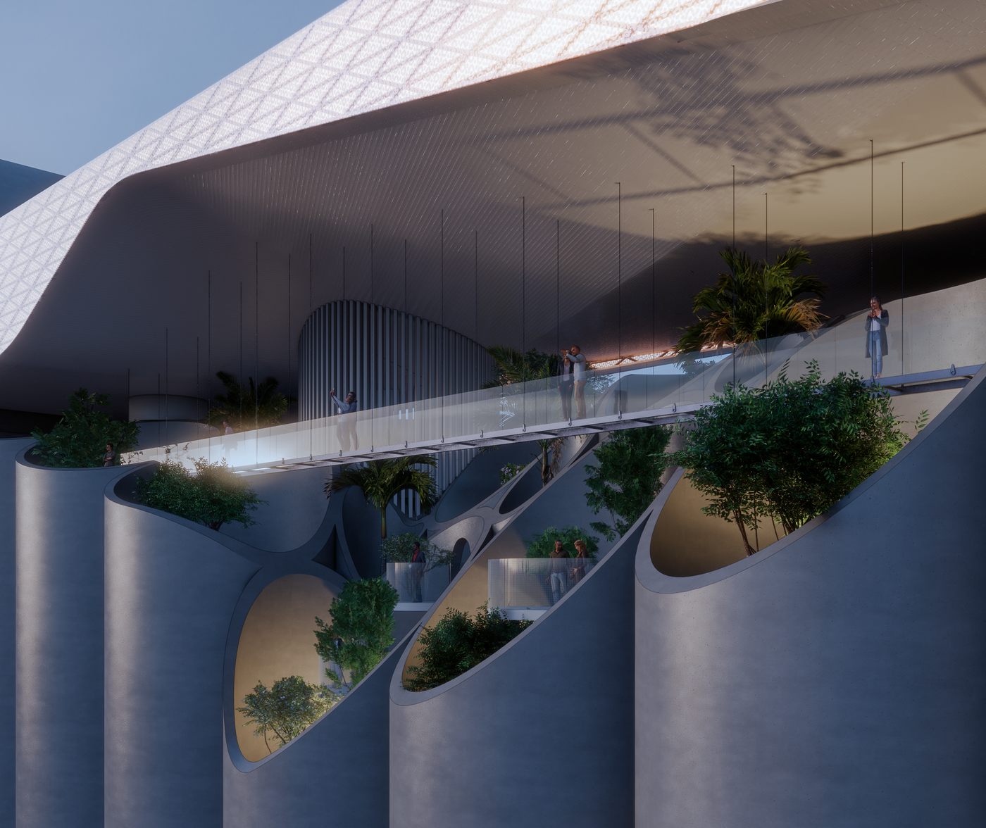 Detail render of a walkway connecting the converted silo cylinders of the Immersive Art Center of Puerto Madero.