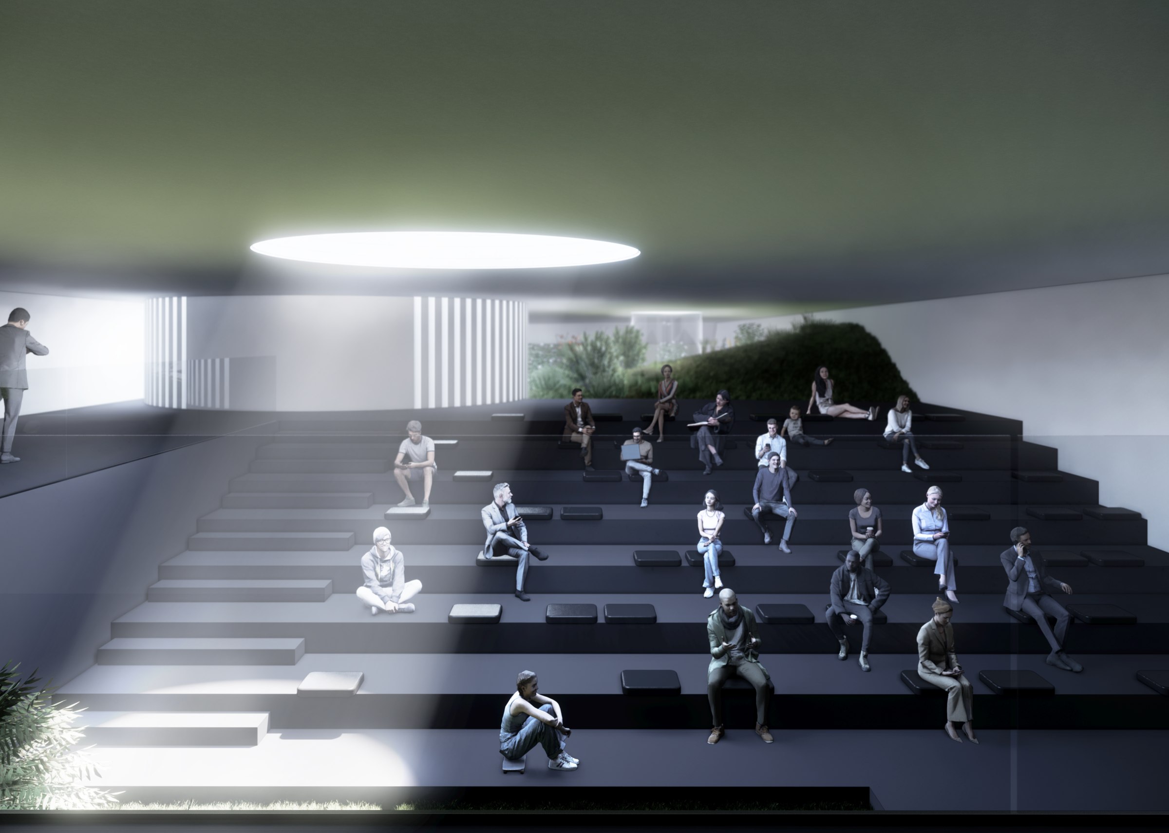 Interior render of a tiered amphitheater space within one of the converted silo cylinders.