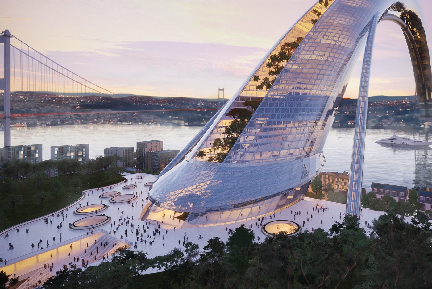 Aerial render of THE CONNECTION, an arched megastructure spanning the Bosphorus strait.