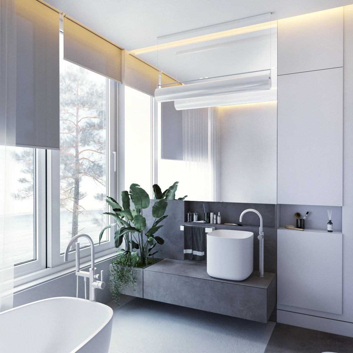 Bathroom with a double vanity and planting.
