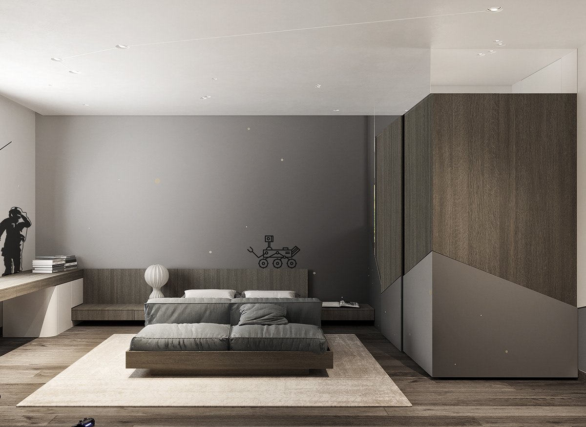 Bedroom with a low platform bed.