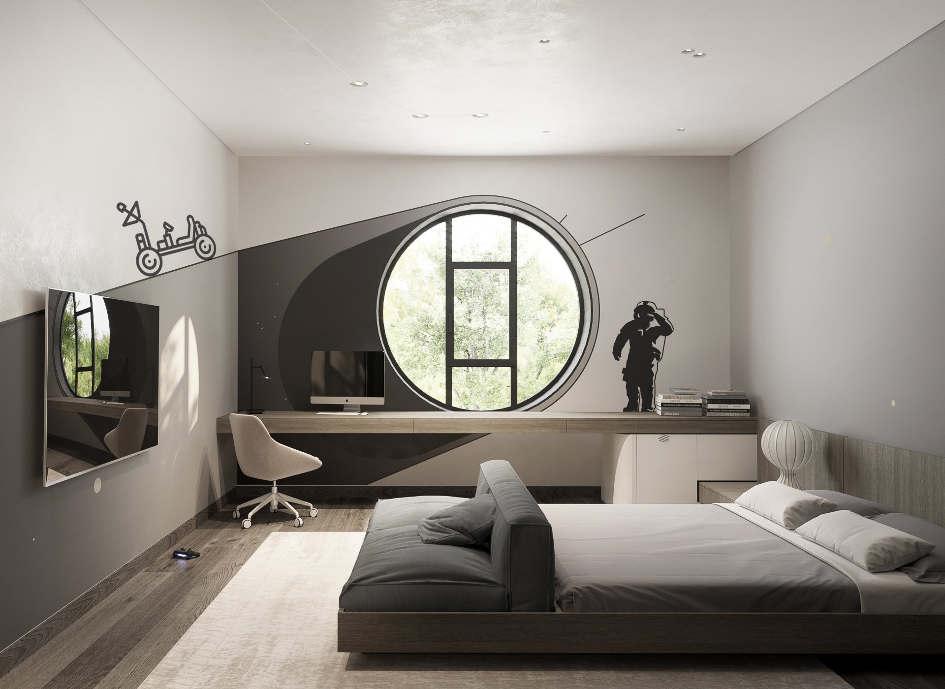 Bedroom with a circular window.