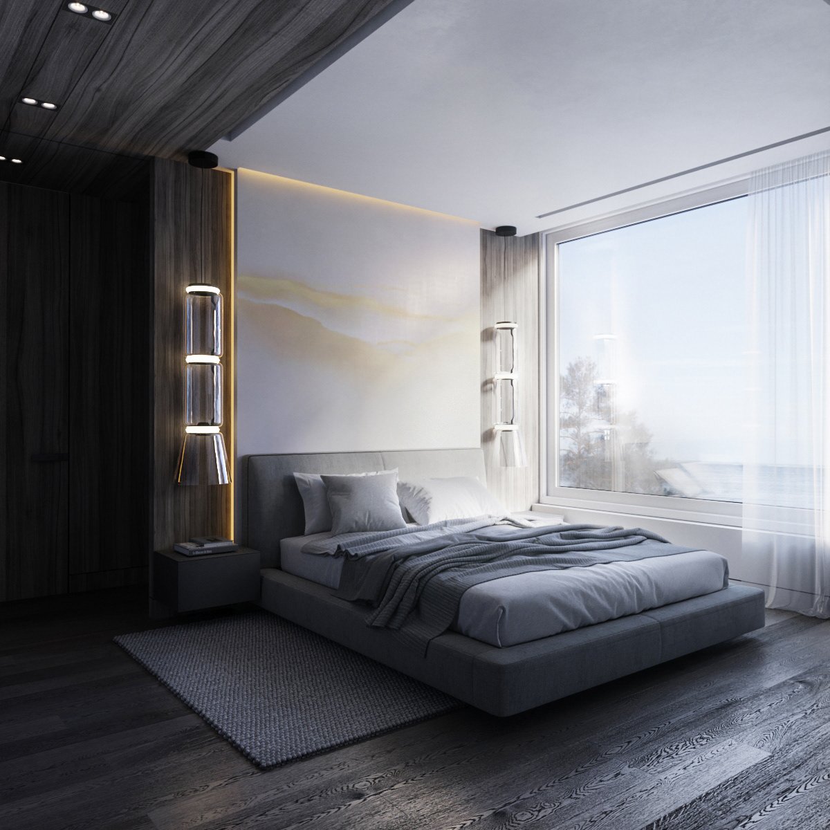 Bedroom with warm ambient lighting.