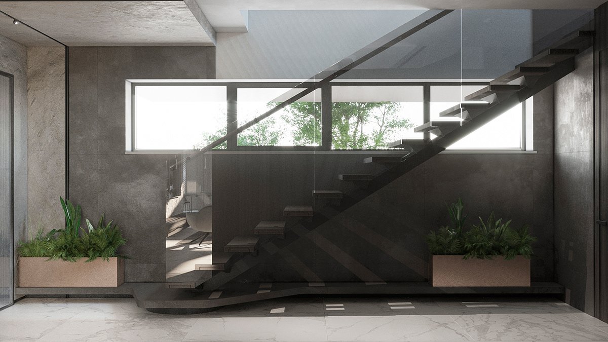 Entrance staircase with planting.
