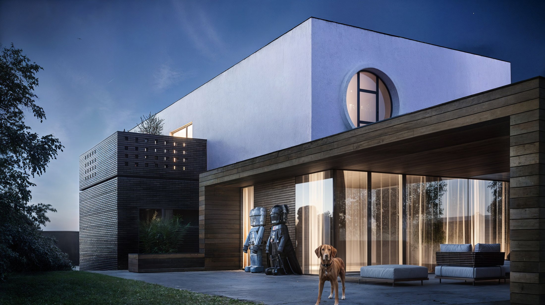 Dusk exterior view of the villa with figures and a dog on the terrace.