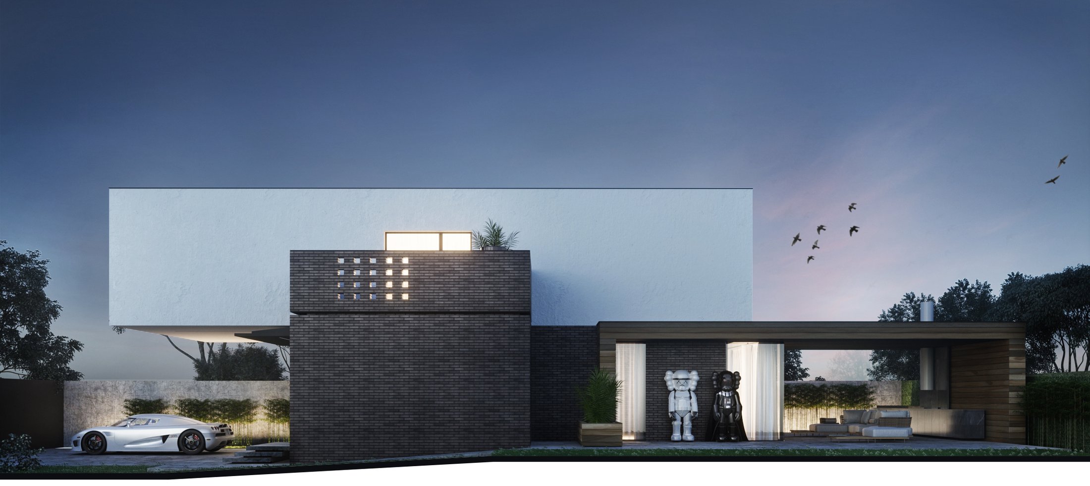 Wide dusk exterior view of the villa's minimalist white volume.