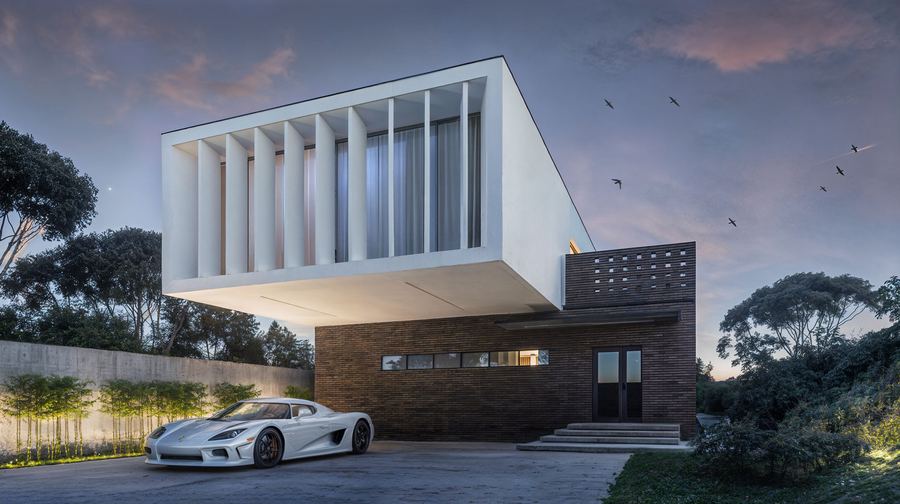 Dusk render of a minimalist villa with a cantilevered upper volume overlooking the Kakhovka Reservoir.
