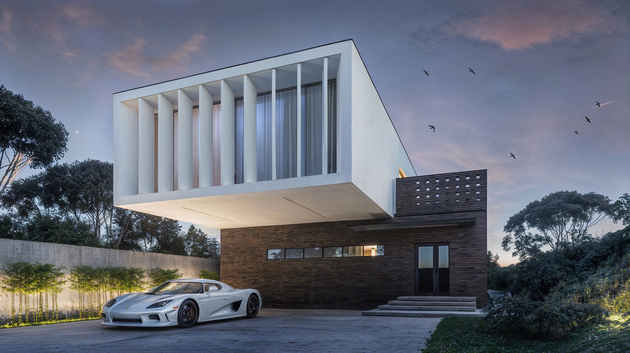 Dusk render of a minimalist villa with a cantilevered upper volume overlooking the Kakhovka Reservoir.