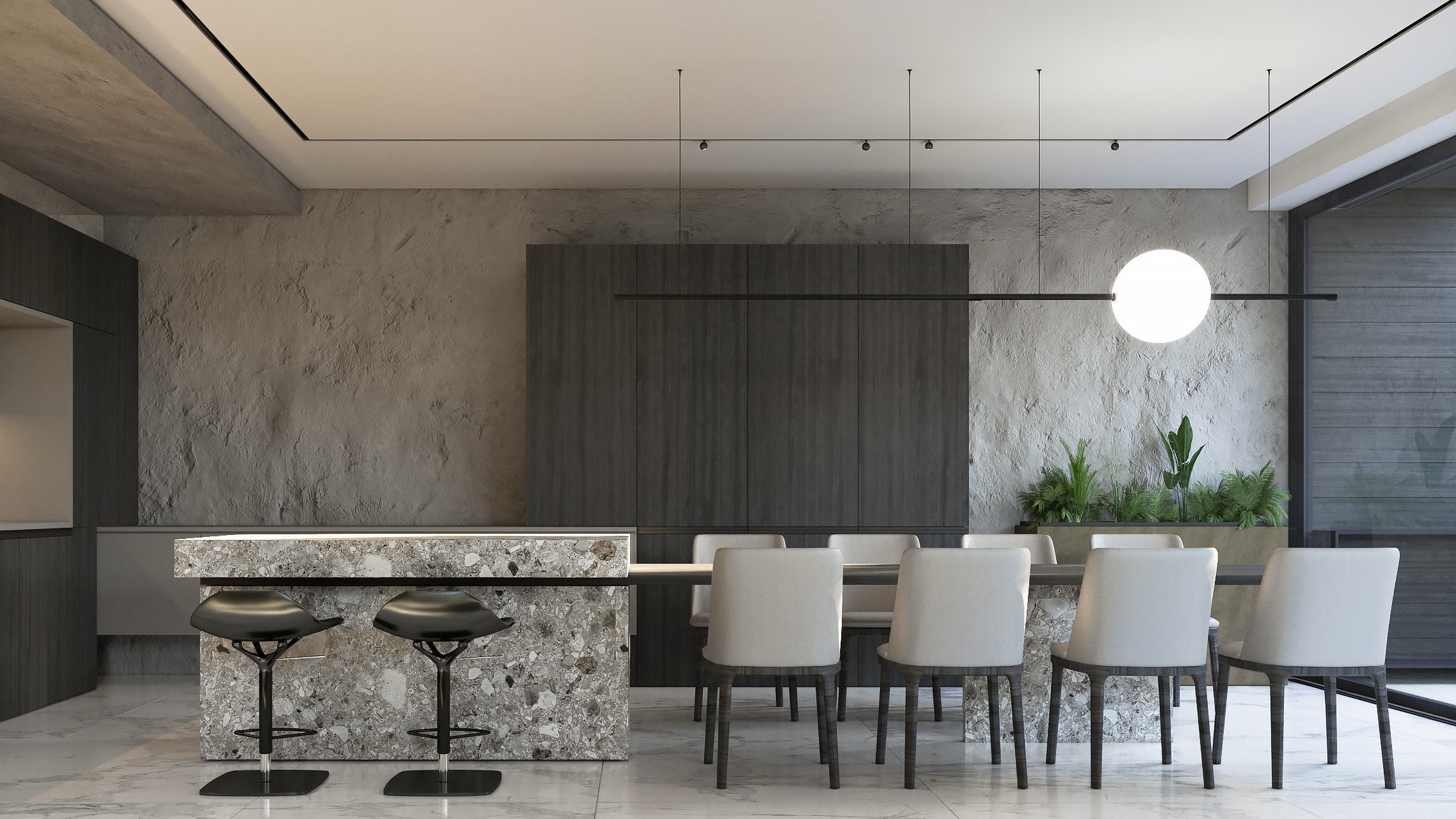 Kitchen with a stone breakfast bar.