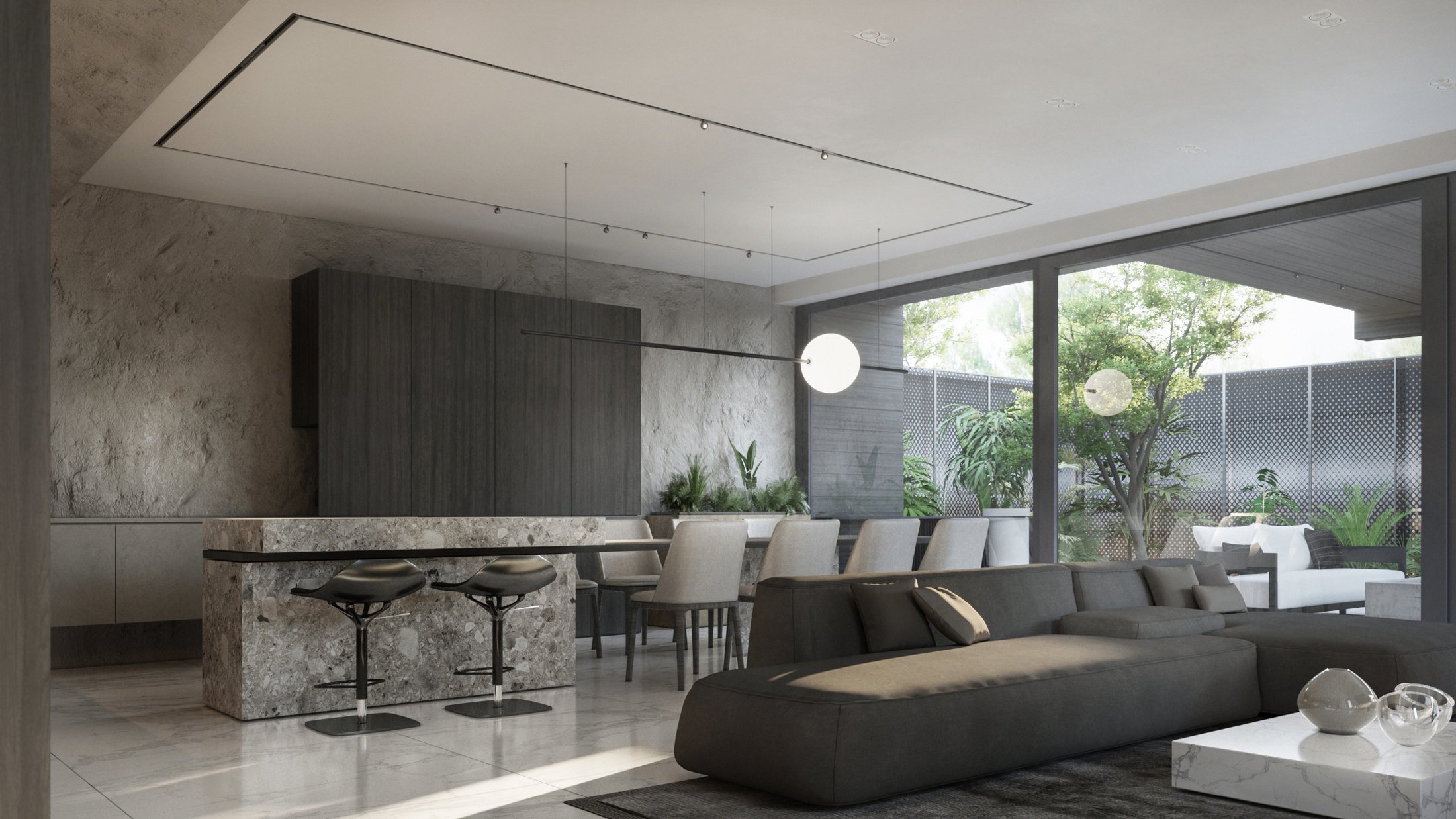 Open plan kitchen and living area.
