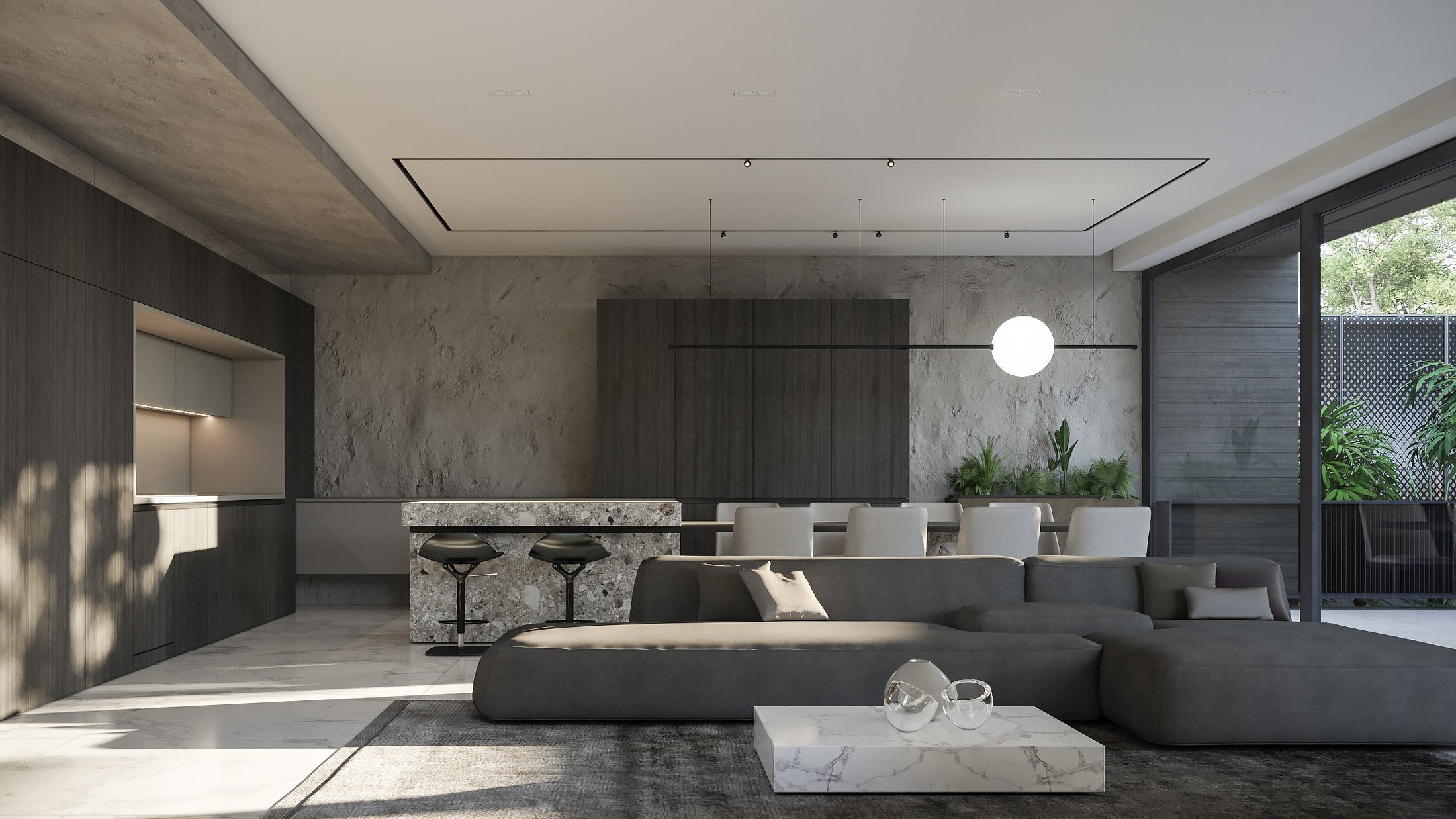 Living room at dusk with full height glazing.