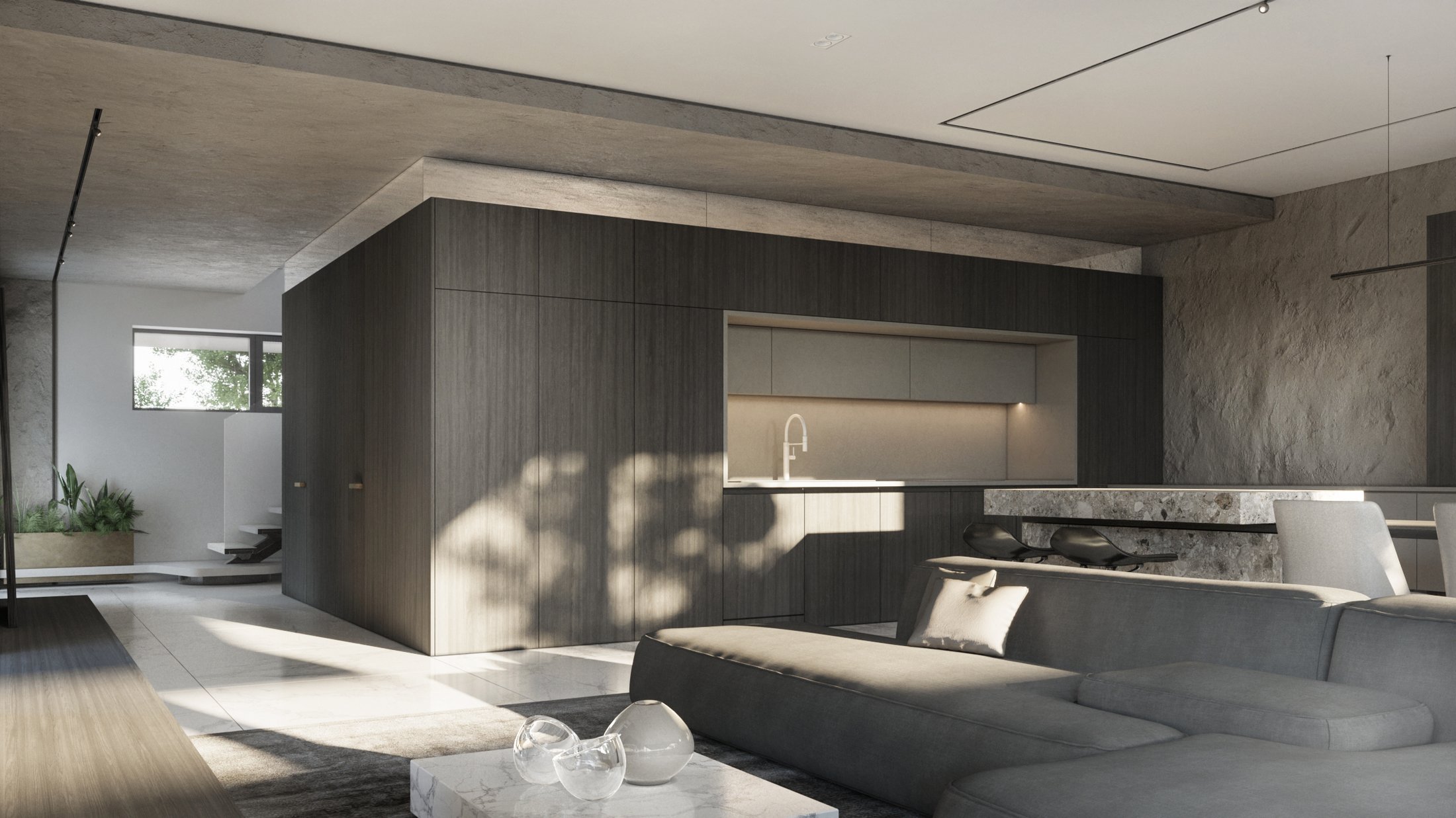 Living room seating area with timber panelling.