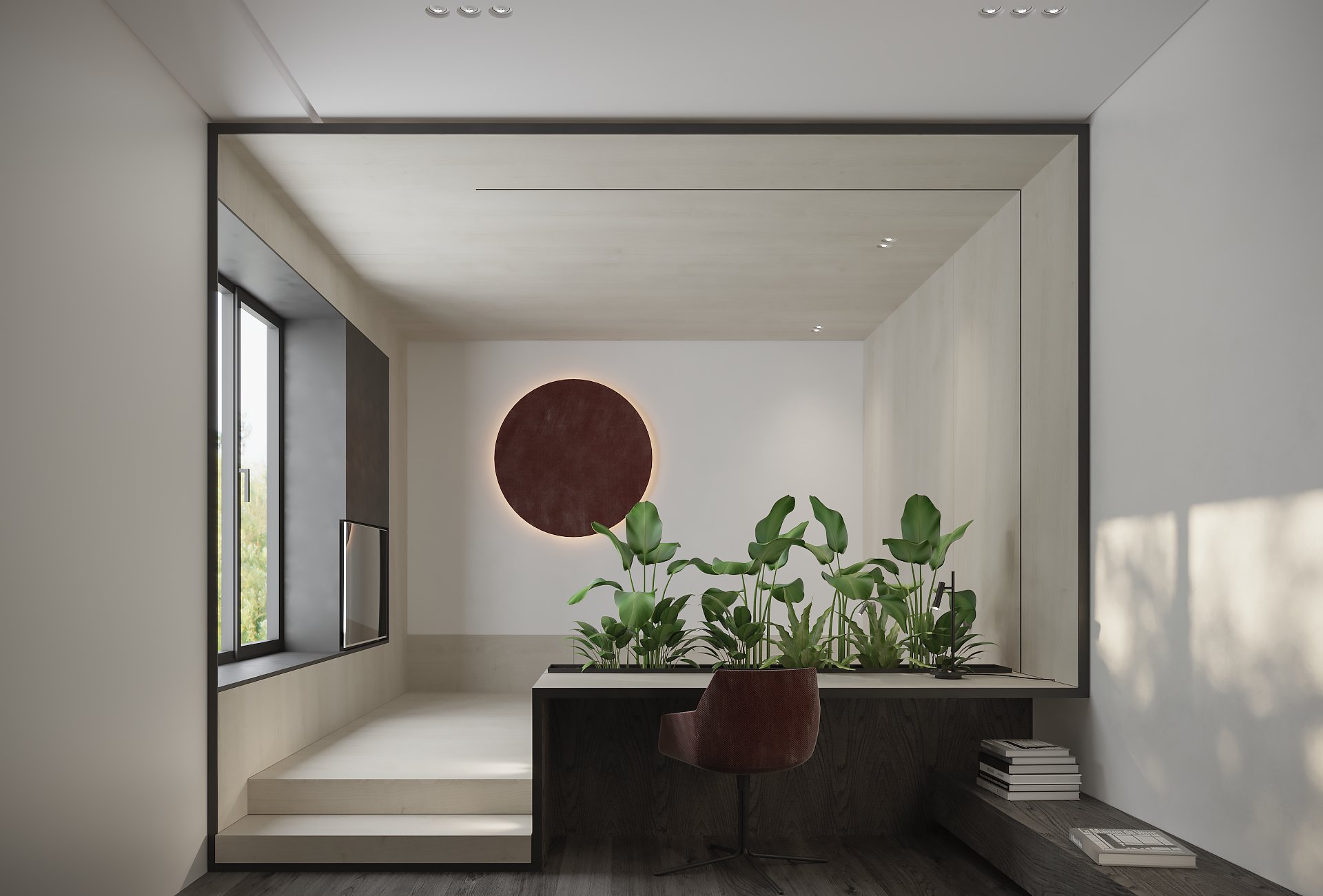 Reading nook detail with a round art piece.