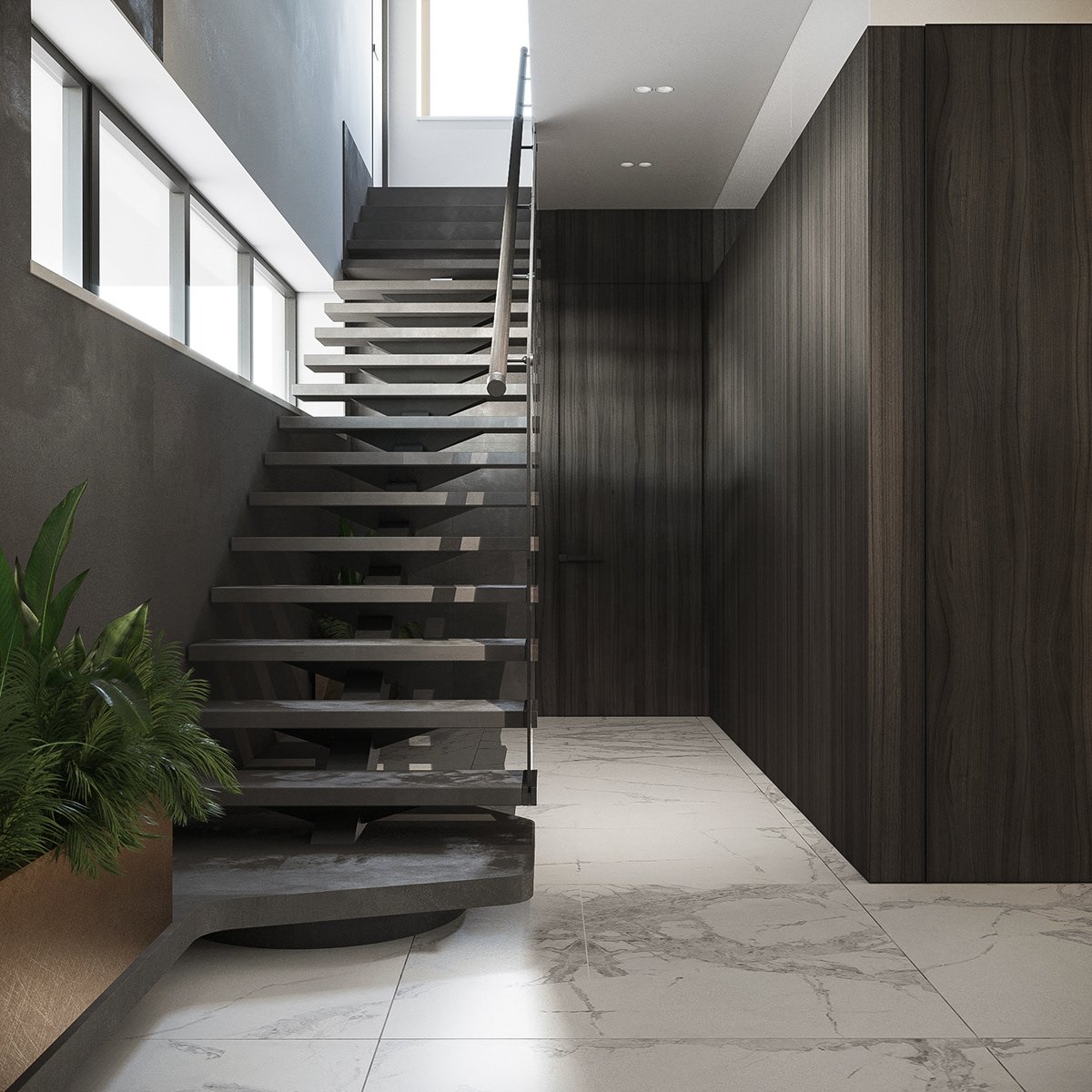 Staircase in dark timber with a marble floor.