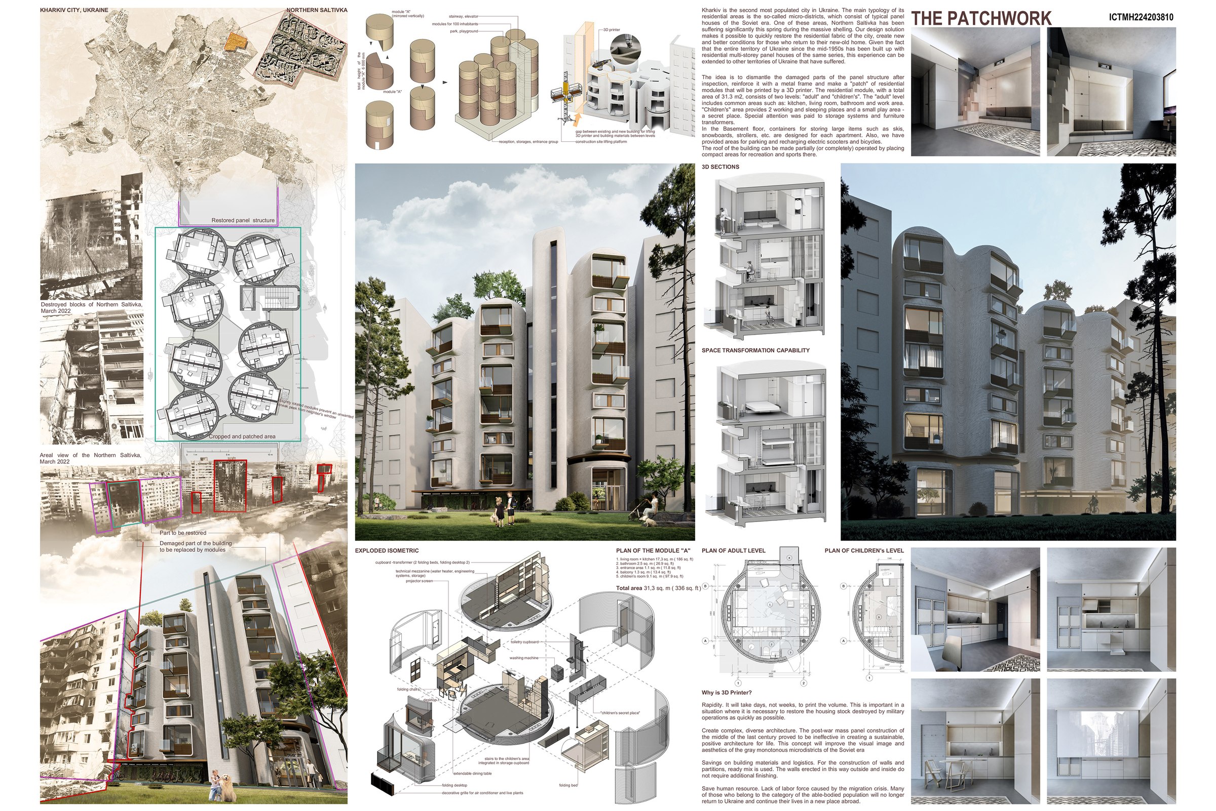 Full competition presentation board for THE PATCHWORK, including site context, floor plans and renders.