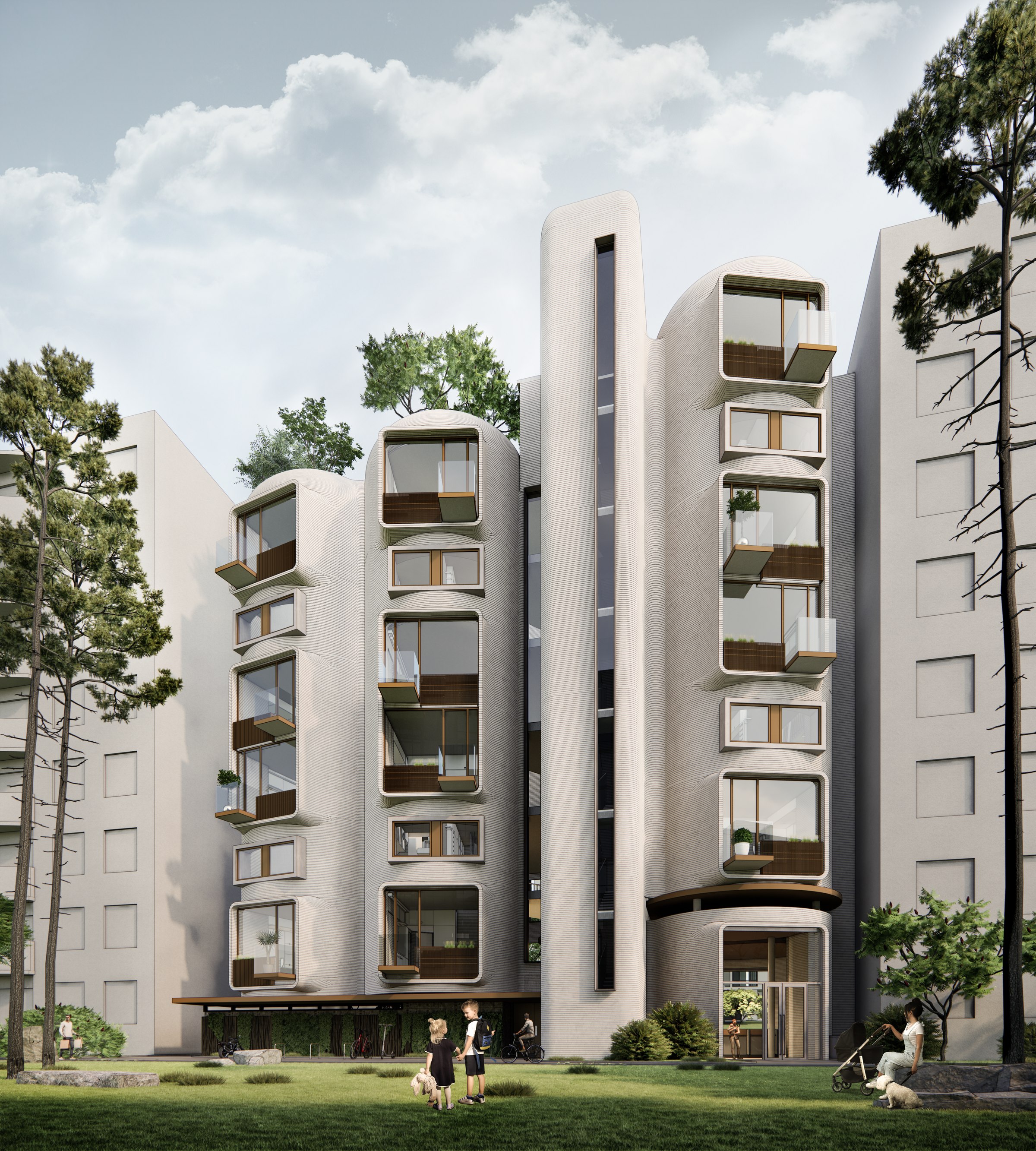 Daylight exterior render of THE PATCHWORK courtyard, with residents and a dog in the foreground.