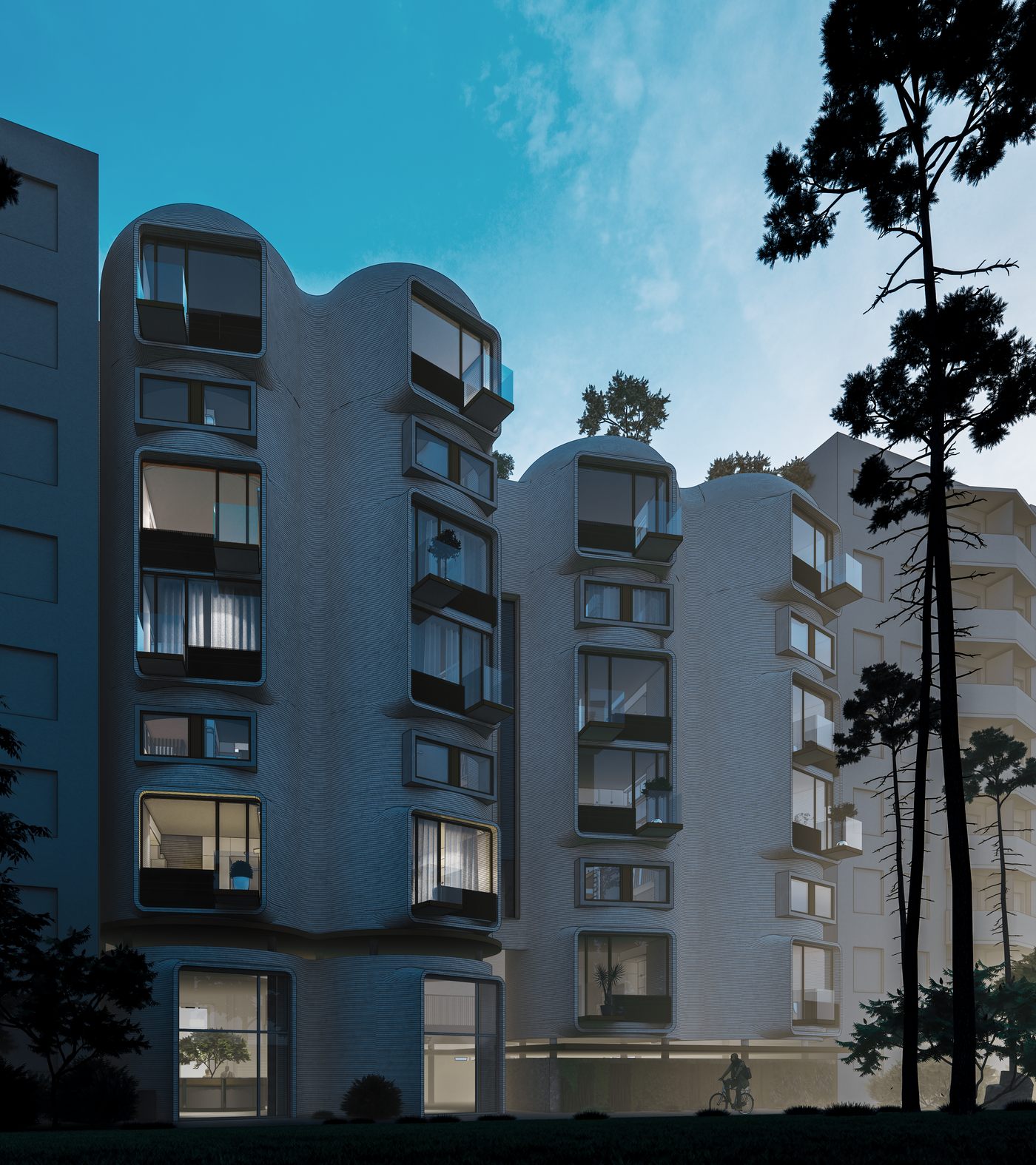 Dusk exterior render of THE PATCHWORK, 3D-printed residential modules inserted into a Kharkiv panel building.