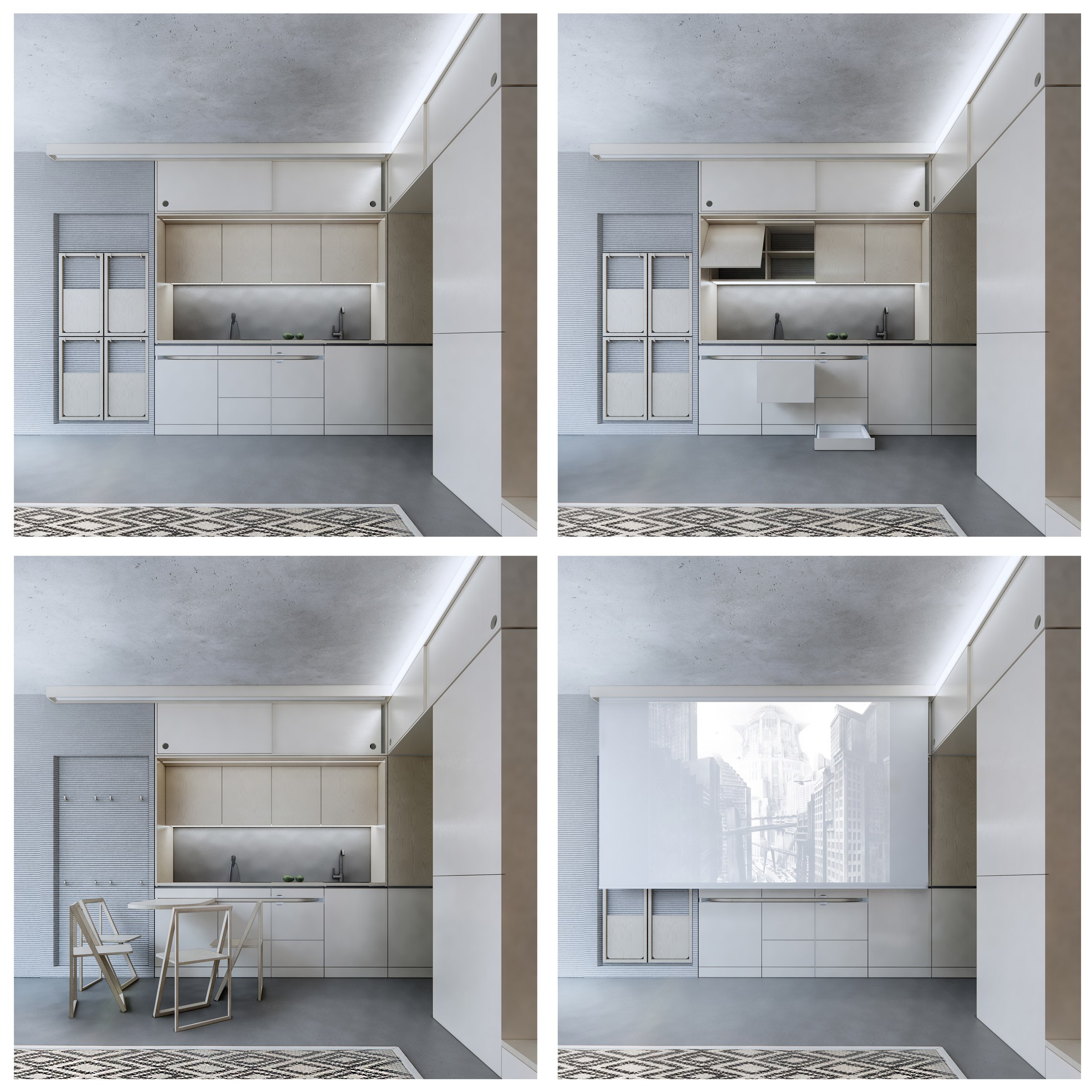 Sequence showing the module's transformable kitchen and living furniture in different configurations.