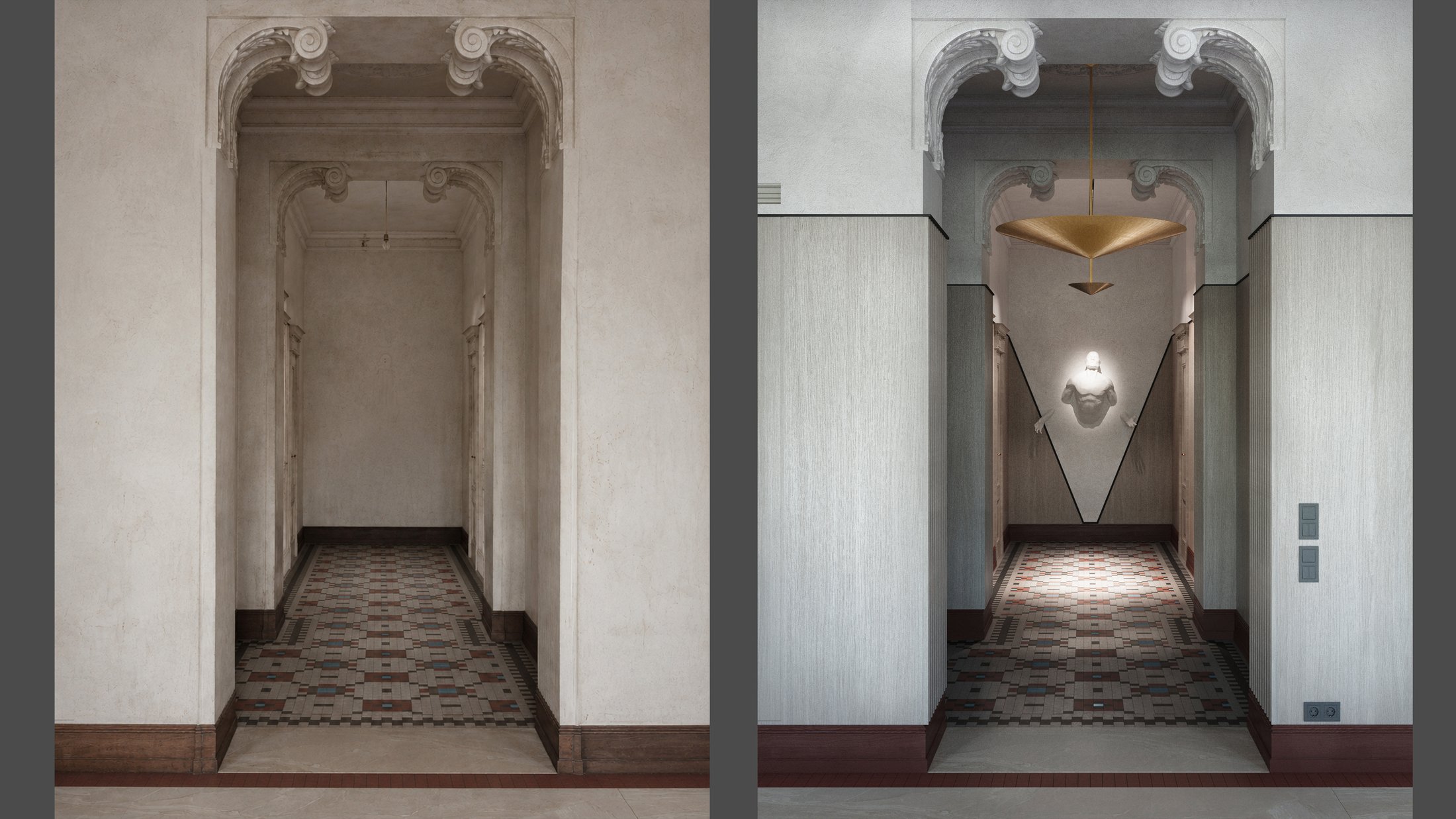 Before and after comparison of an ornate archway and door casing.