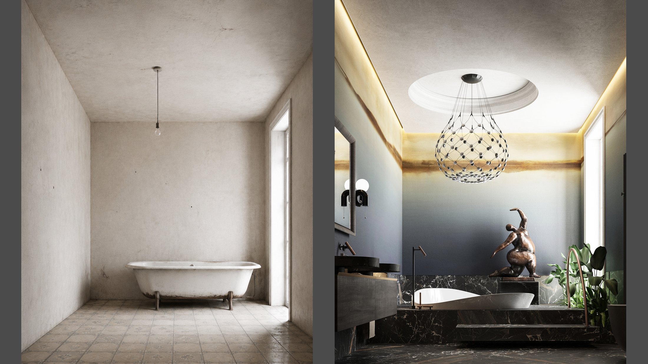 Before and after comparison of a bathroom with a freestanding tub.