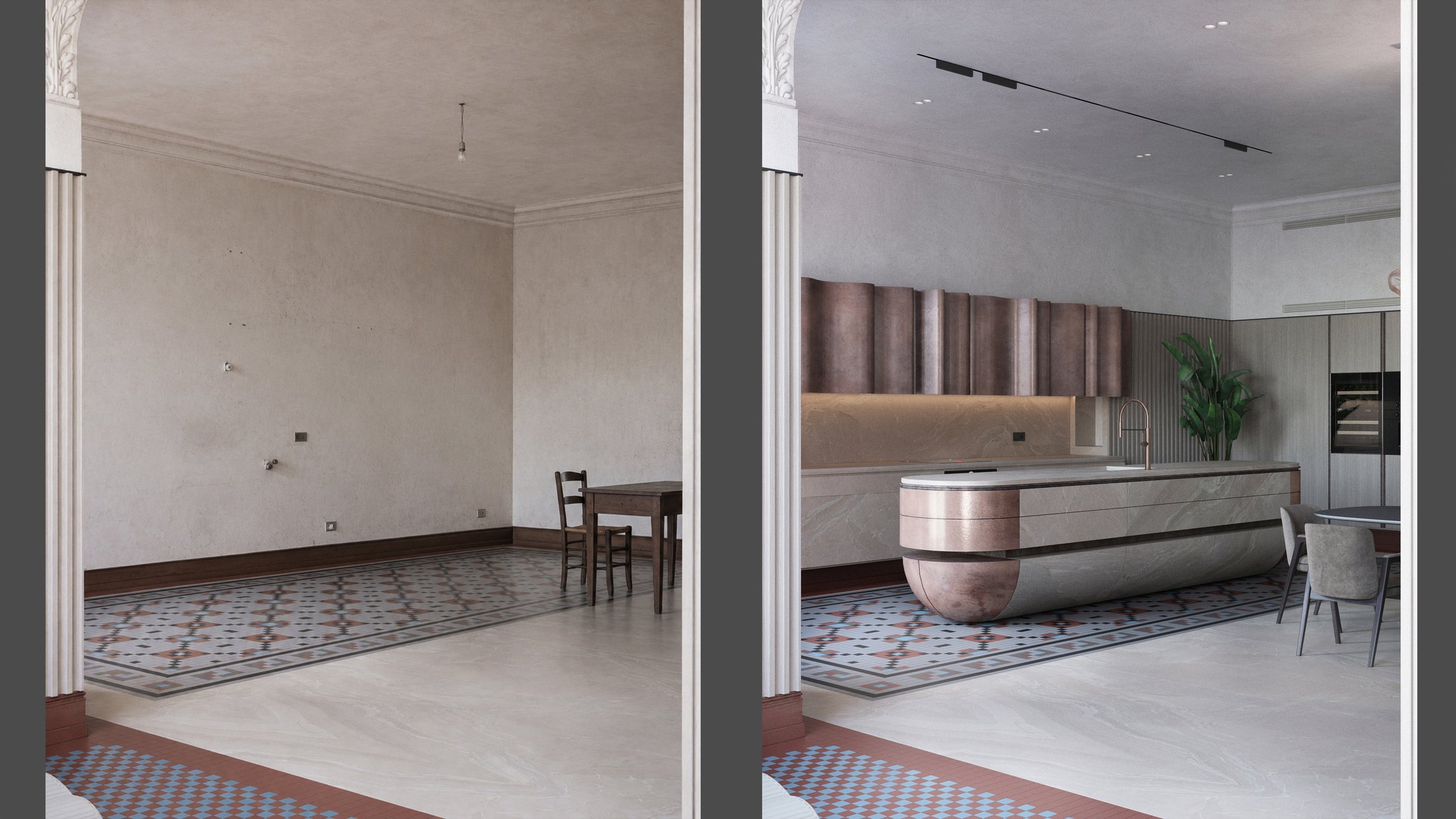 Before and after comparison of the entry hall, preserving the original patterned tile floor.