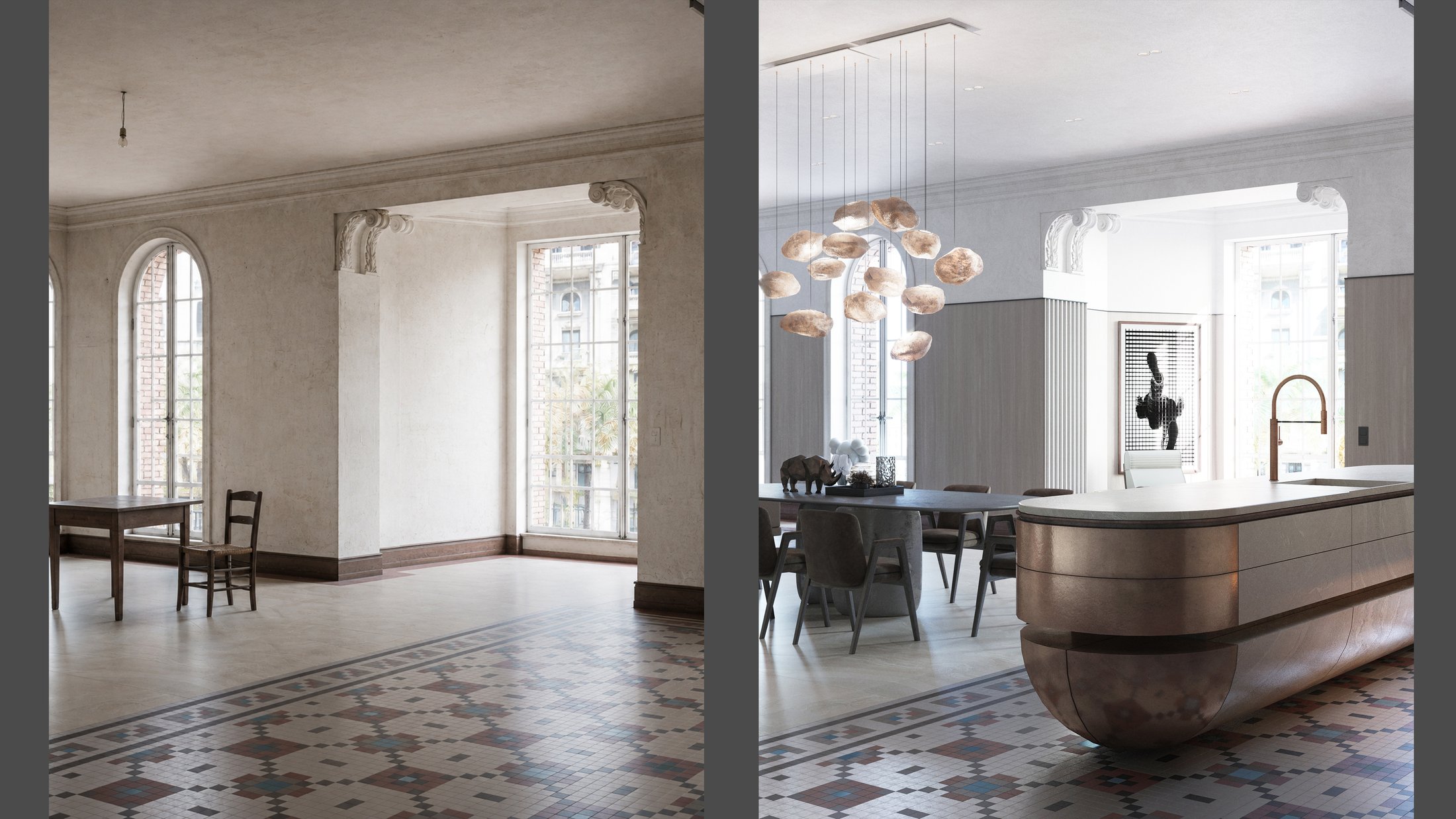 Before and after comparison of the kitchen and dining area, with a curved bronze island.