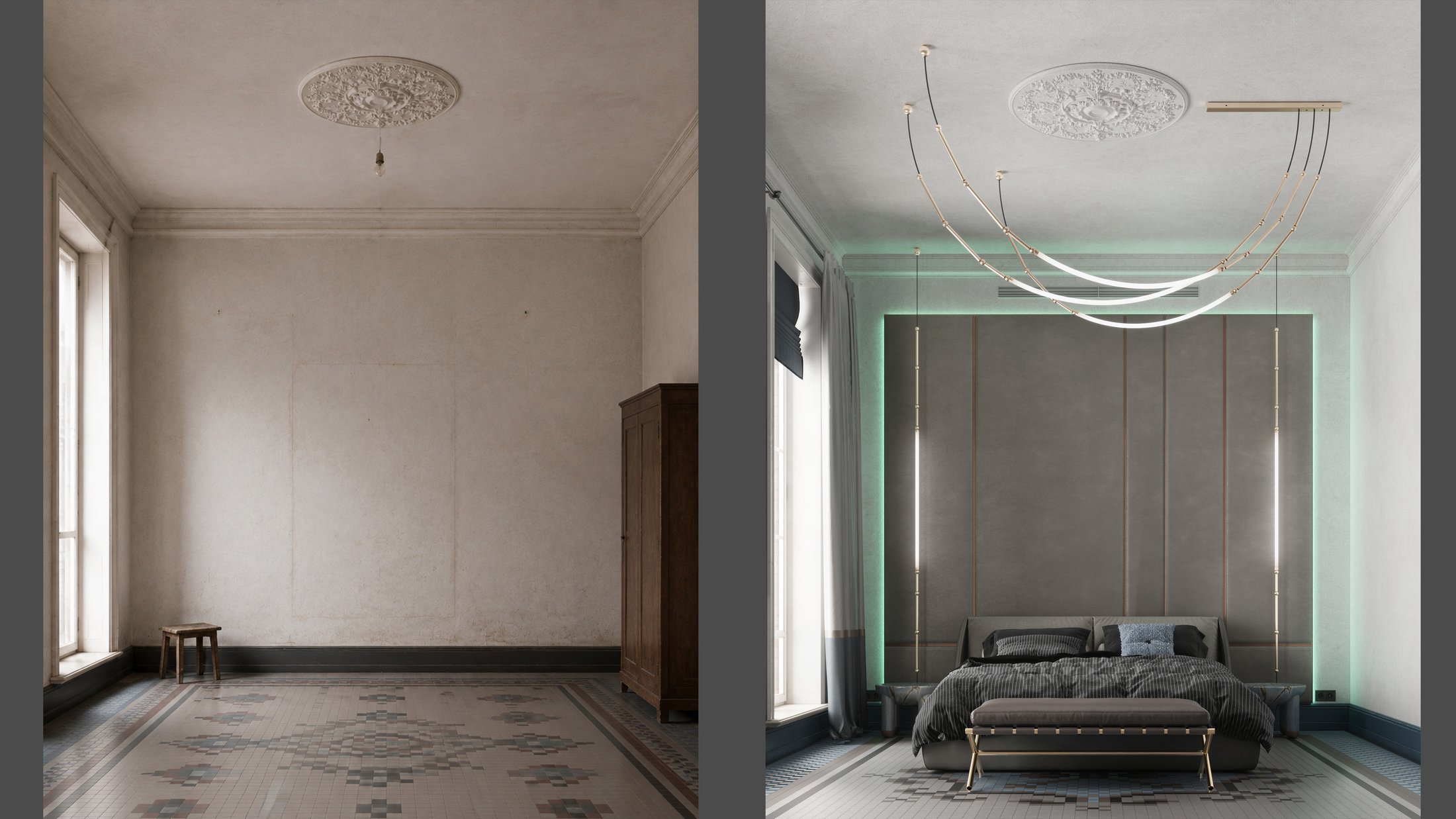 Before and after comparison of a bedroom, from empty shell to furnished proposal.