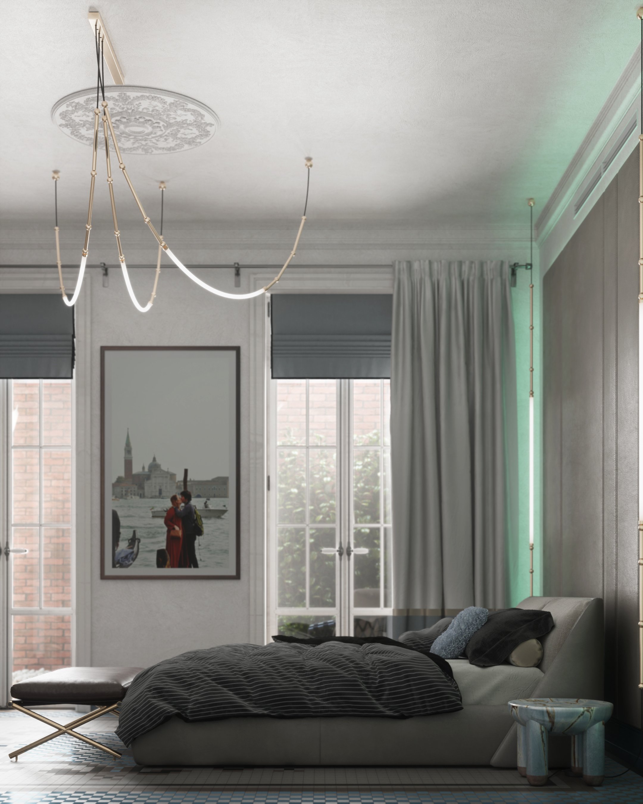 Bedroom with green curtain accents and a reading corner.