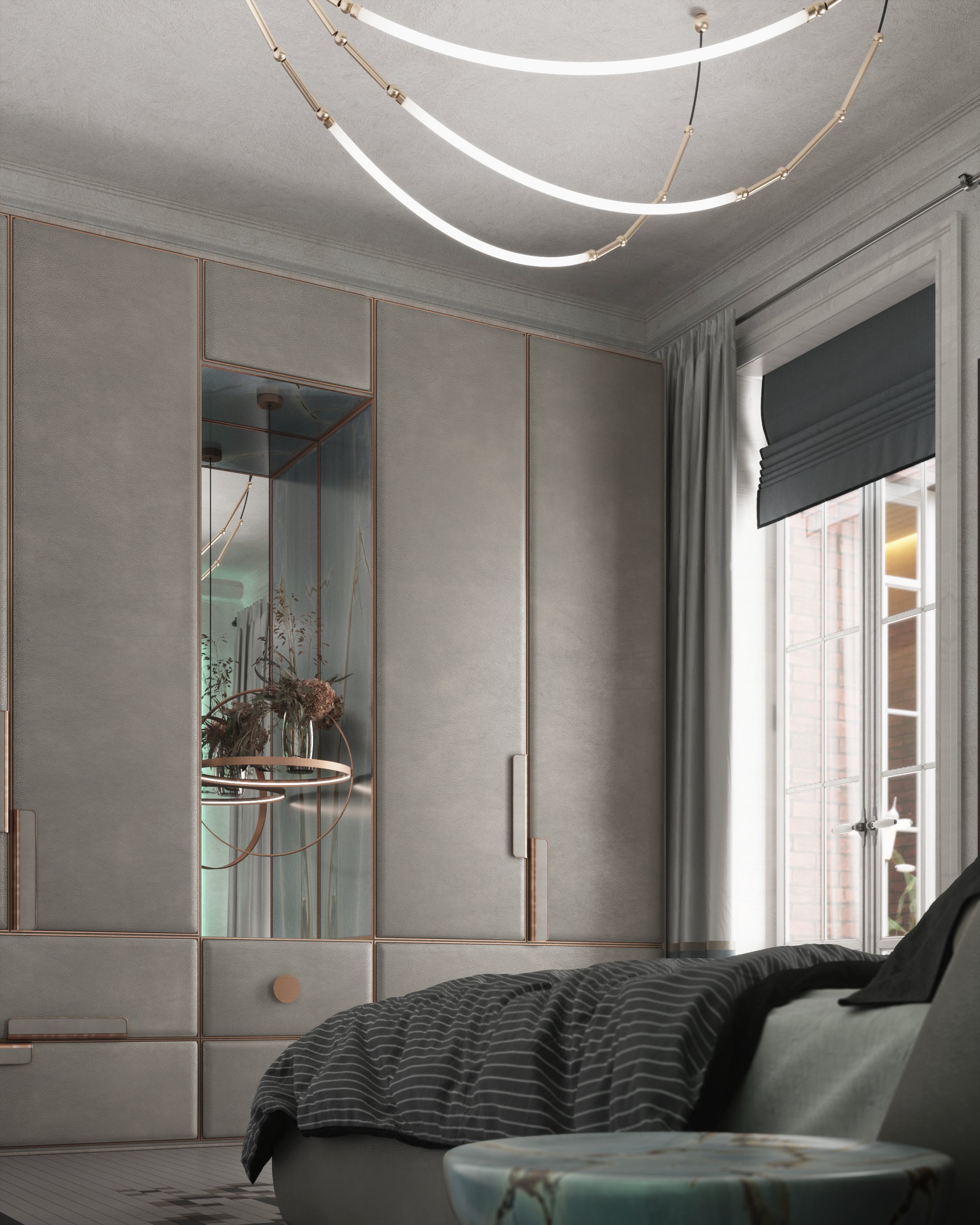 Bedroom with a built in wardrobe wall.