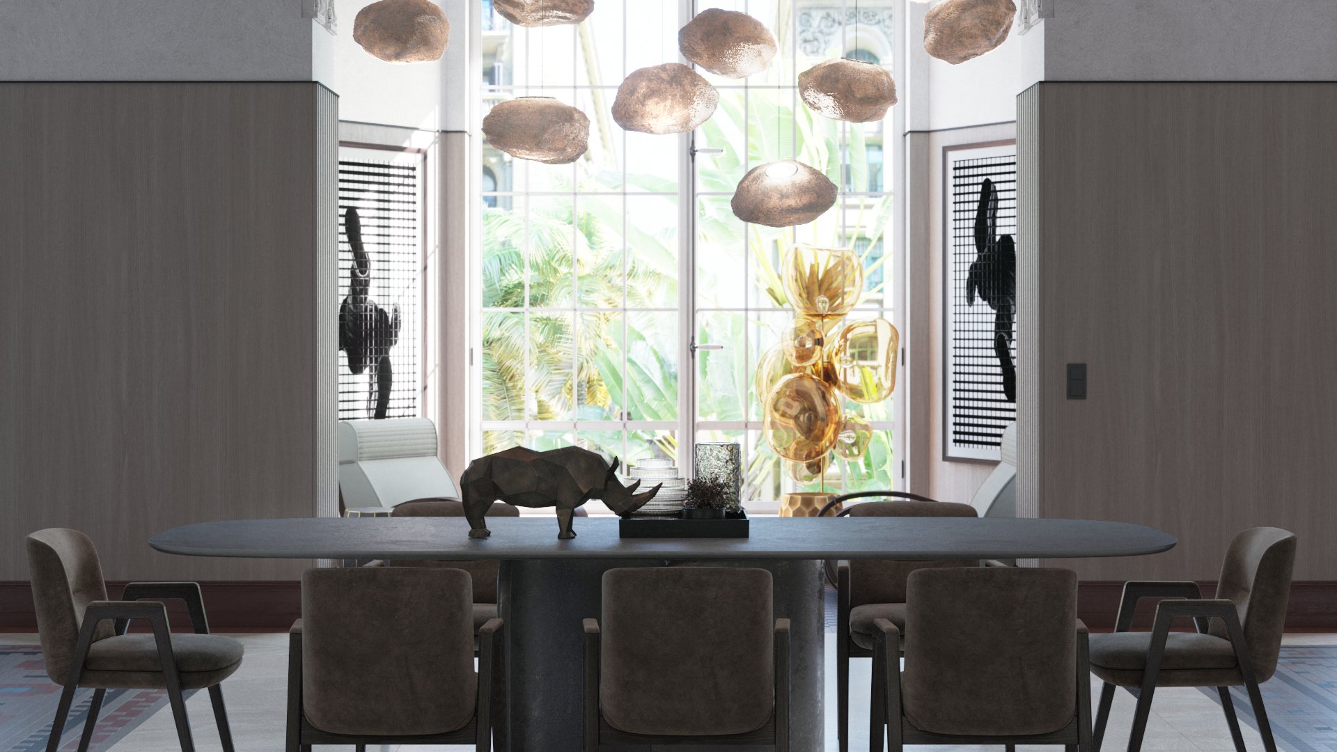Dining table with rattan chairs, pendant lights and a planted terrace beyond.