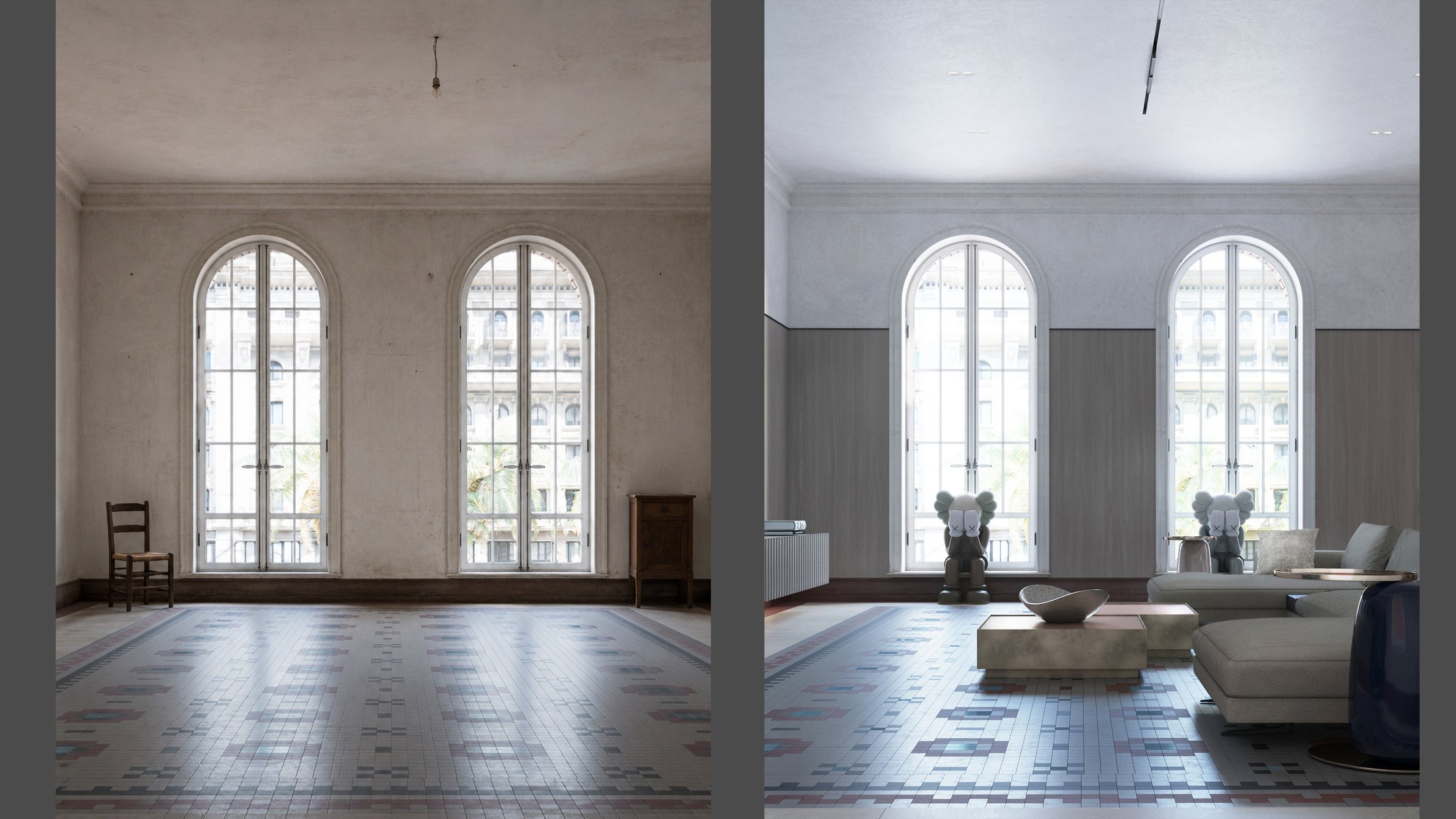 Before and after comparison of a living room in central Madrid, preserving the original patterned floor tiles.