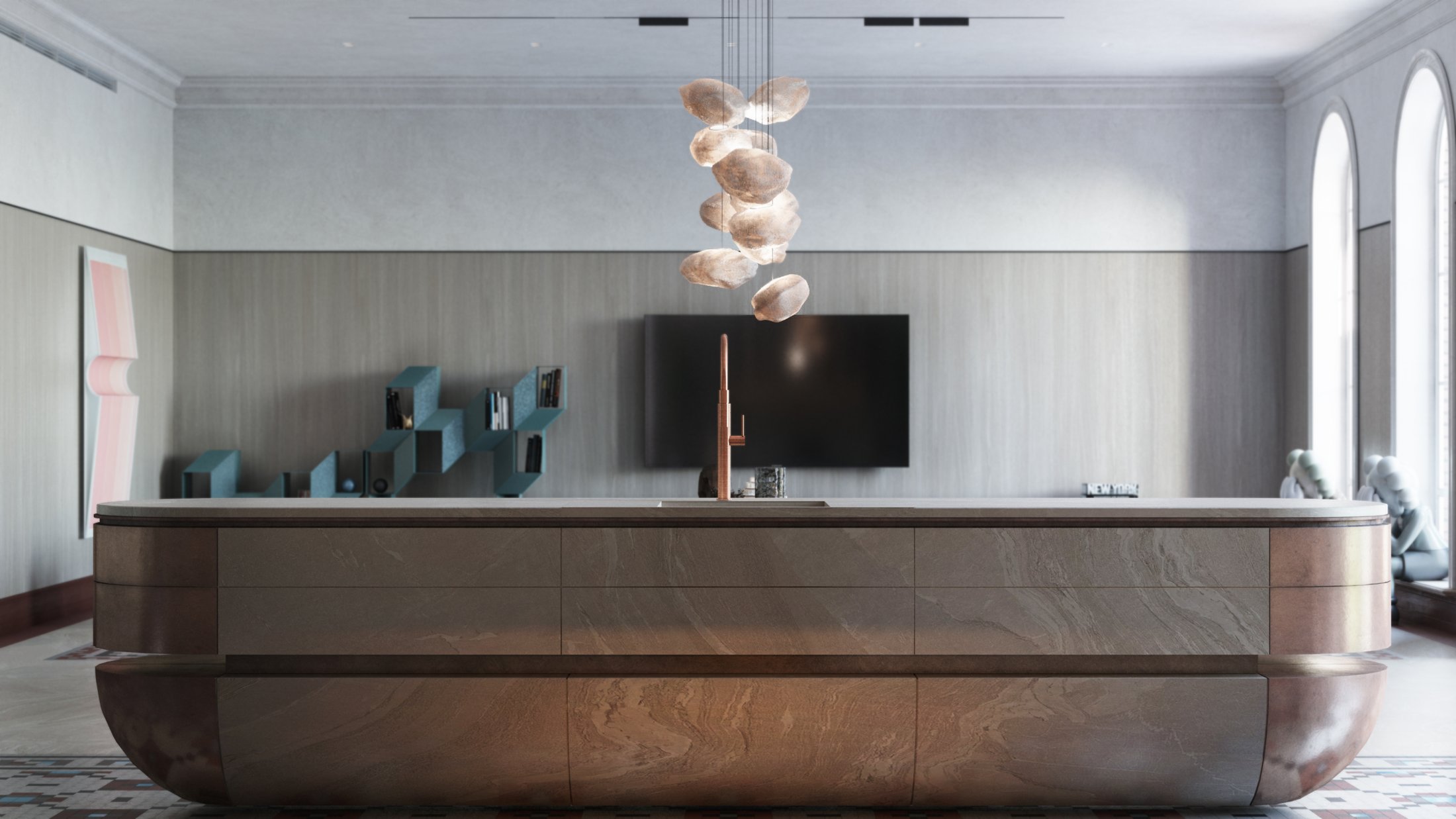 Kitchen island with a sculptural pendant light.