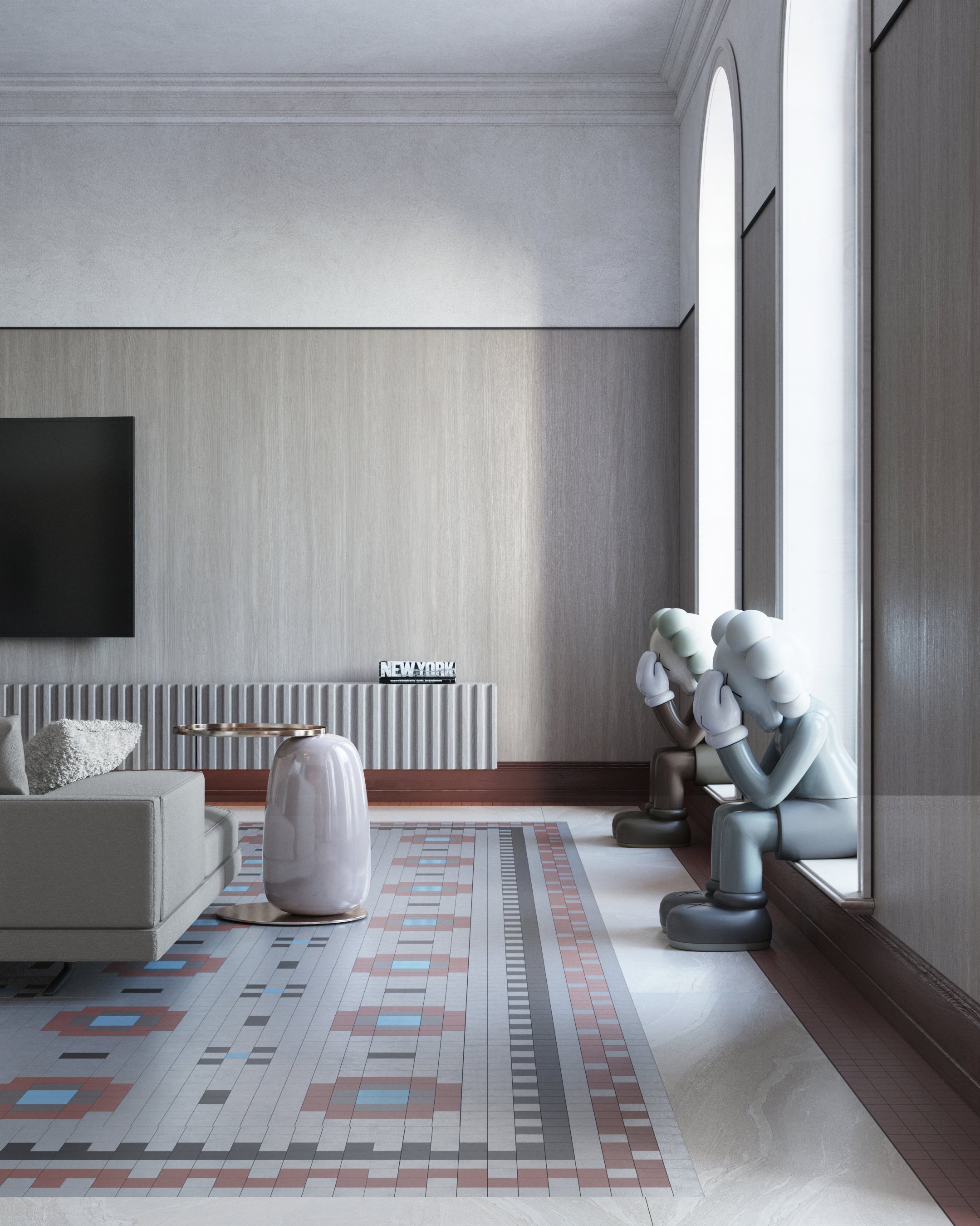 Proposed living room detail with the original patterned tile floor and arched windows.